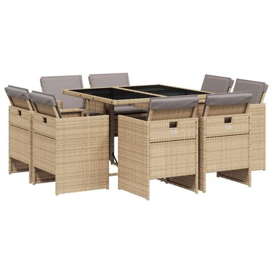 Table et Chaises de Jardin 8 Personnes Encastrables Résine Tressée Beige Coussins Gris – ComfortXL Outdoor Living - Image 2