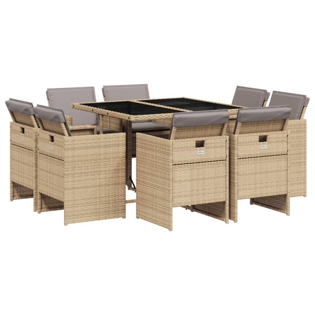 Table et Chaises de Jardin 8 Personnes Encastrables Résine Tressée Beige Coussins Gris – ComfortXL Outdoor Living - Image 2