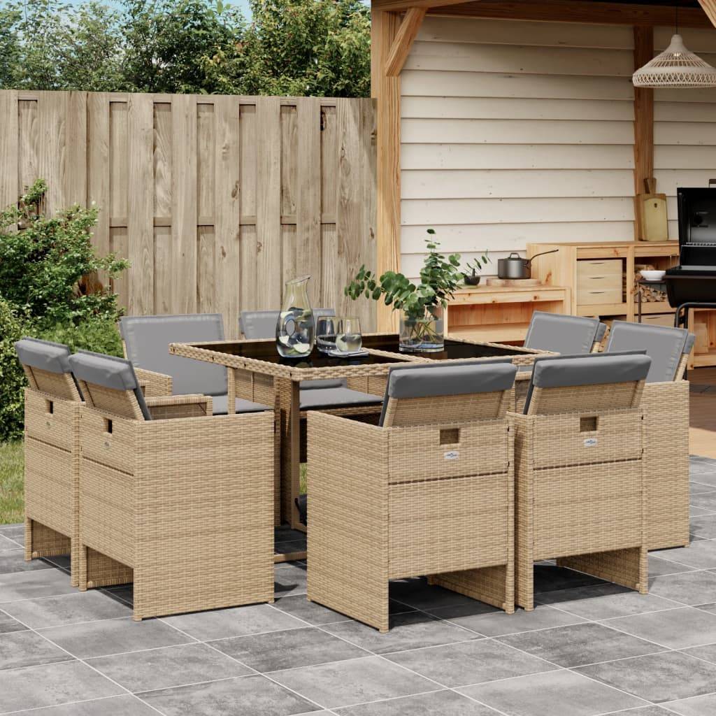 Table et Chaises de Jardin 8 Personnes Encastrables Résine Tressée Beige Coussins Gris – ComfortXL Outdoor Living - Image 1