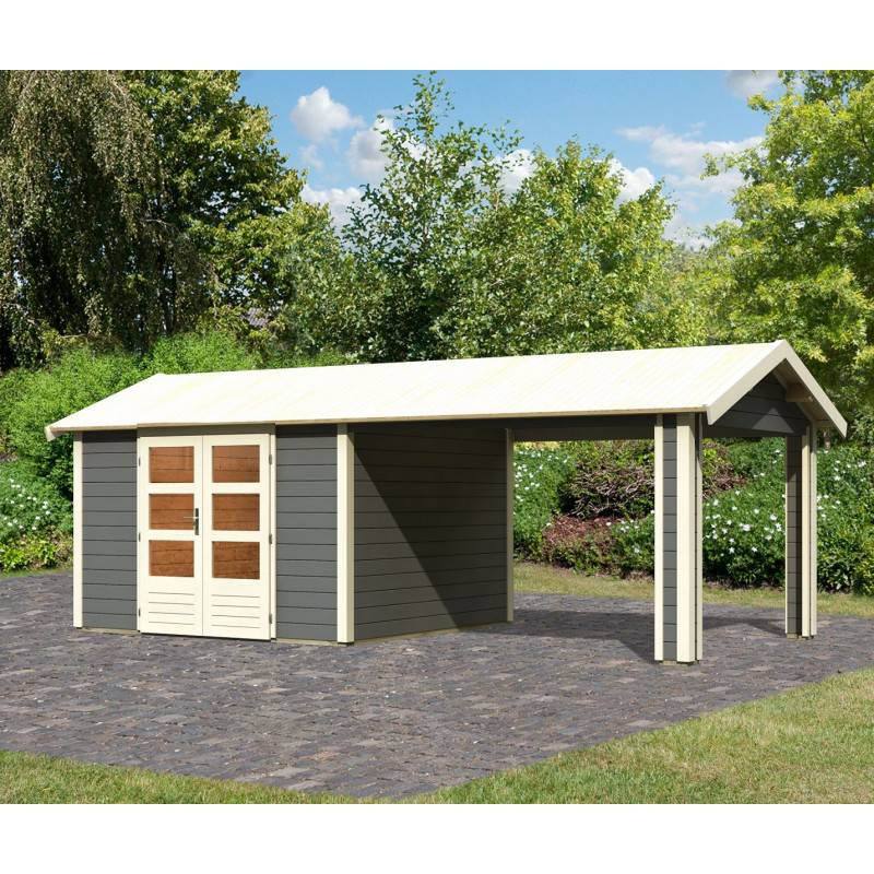 Abri de jardin bois massif gris 9,24m² avec auvent 300cm Karibu Theres 7