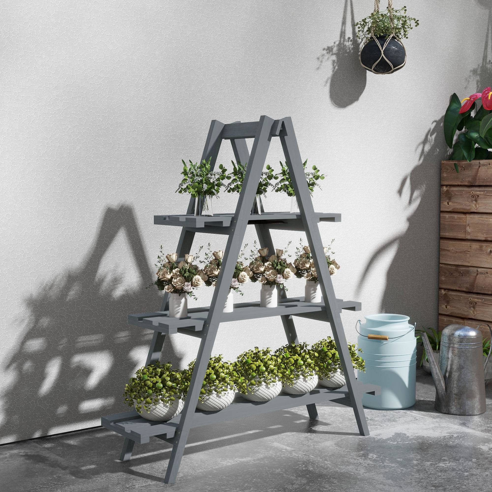 Support à plantes pliable en bois, étagère à 3 niveaux en forme de A pour pots de fleurs, 100 x 36 x 112 cm, gris - Image 3