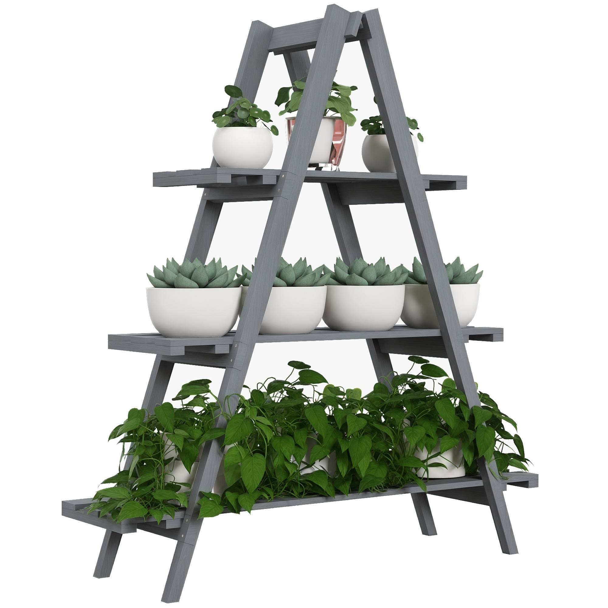 Support à plantes pliable en bois, étagère à 3 niveaux en forme de A pour pots de fleurs, 100 x 36 x 112 cm, gris - Image 1