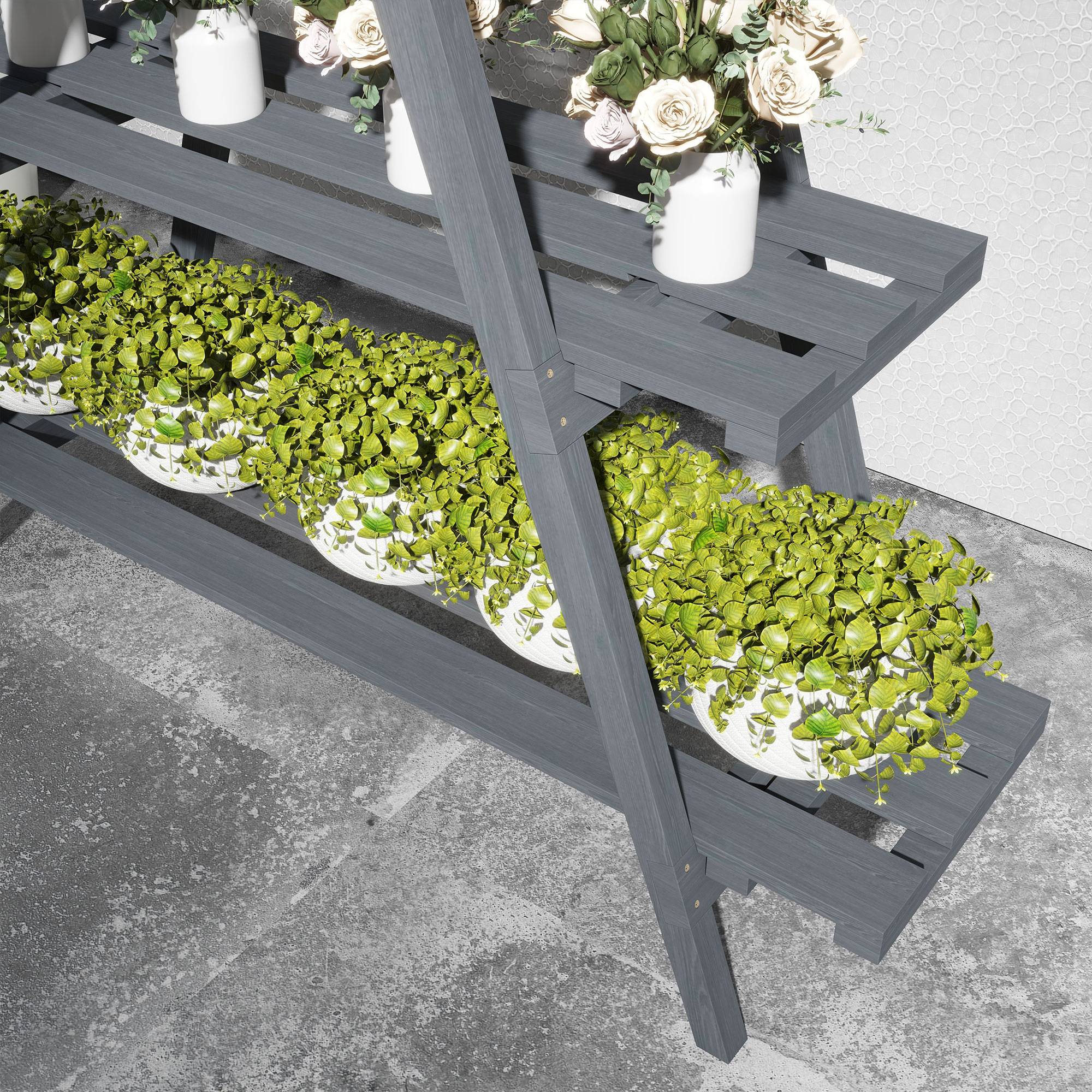 Support à plantes pliable en bois, étagère à 3 niveaux en forme de A pour pots de fleurs, 100 x 36 x 112 cm, gris - Image 9