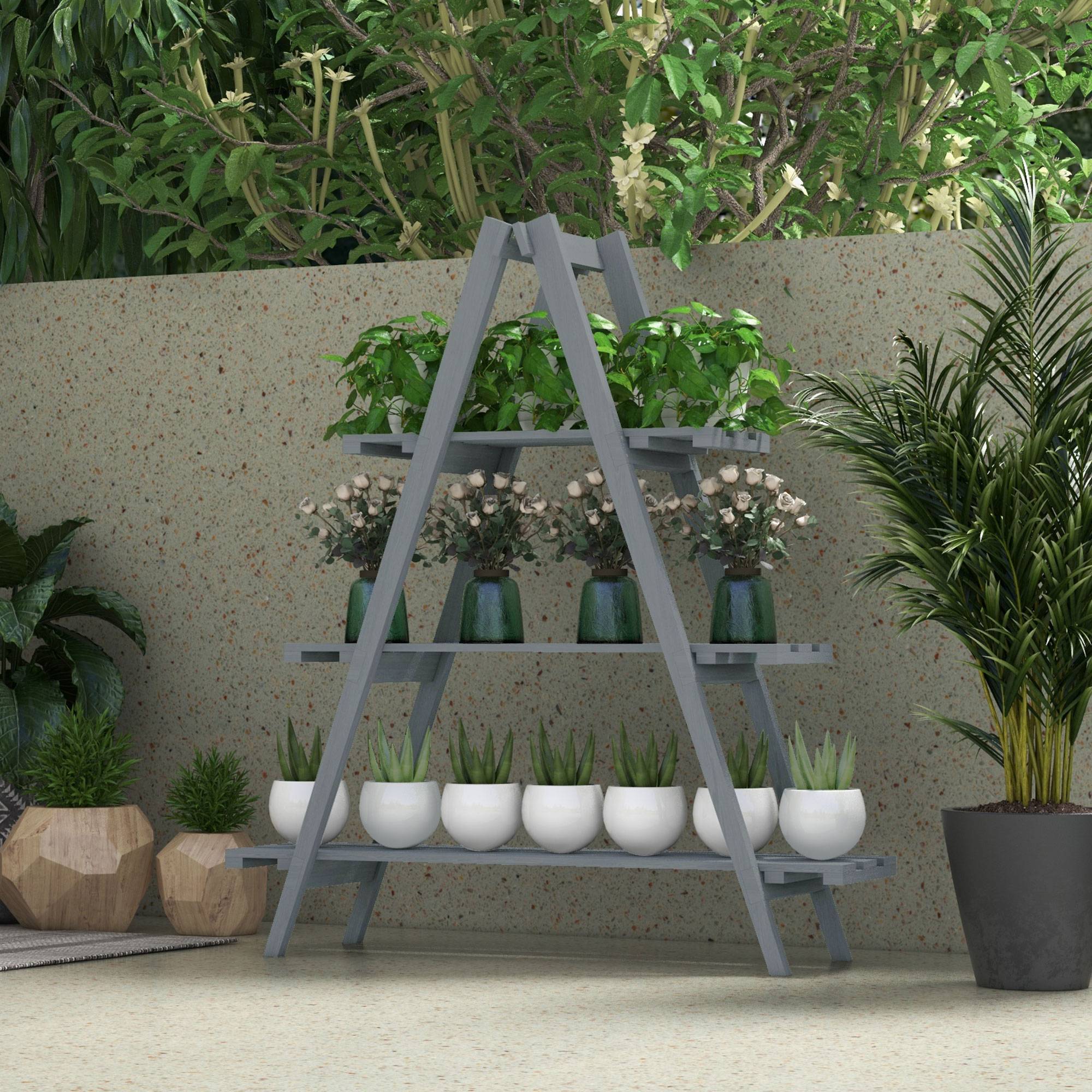 Support à plantes pliable en bois, étagère à 3 niveaux en forme de A pour pots de fleurs, 100 x 36 x 112 cm, gris - Image 4