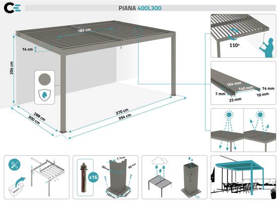 Cazeboo Pergola bioclimatique adossée 4x3 m PIANA aluminium taupe - lames orientables - Image 2