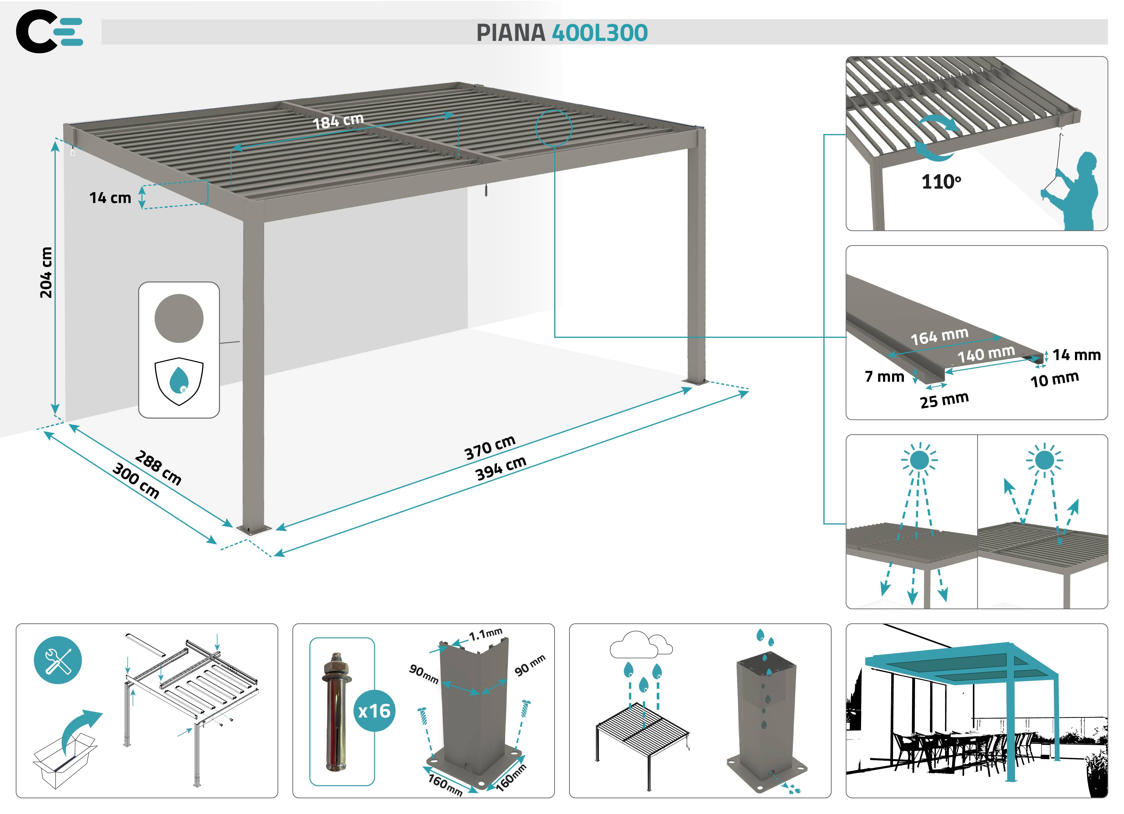 Cazeboo Pergola bioclimatique adossée 4x3 m PIANA aluminium taupe - lames orientables - Image 2