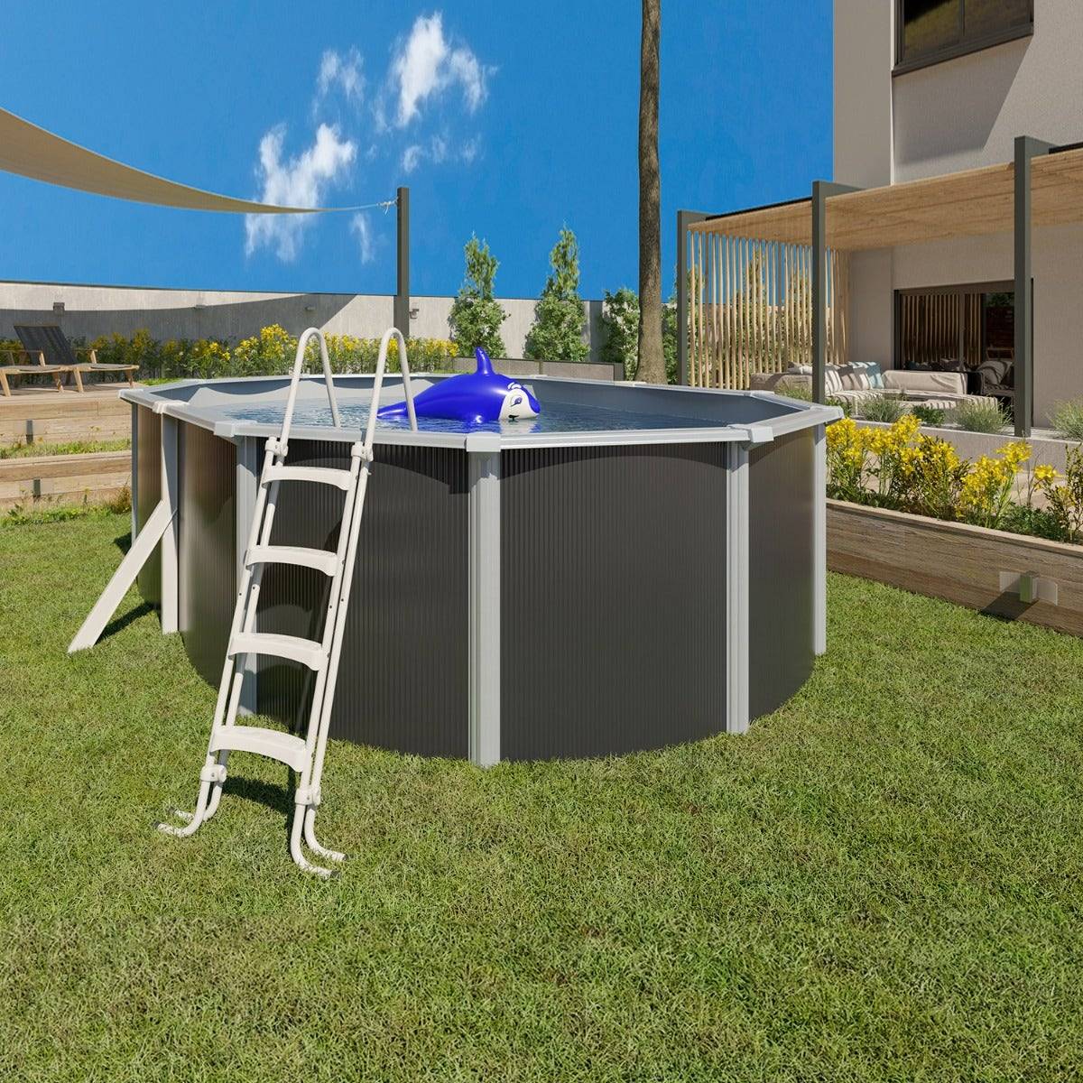 Piscine hors sol acier ovale 4,90 x 3,65 x 1,32 m anthracite VARUNA - Image 2