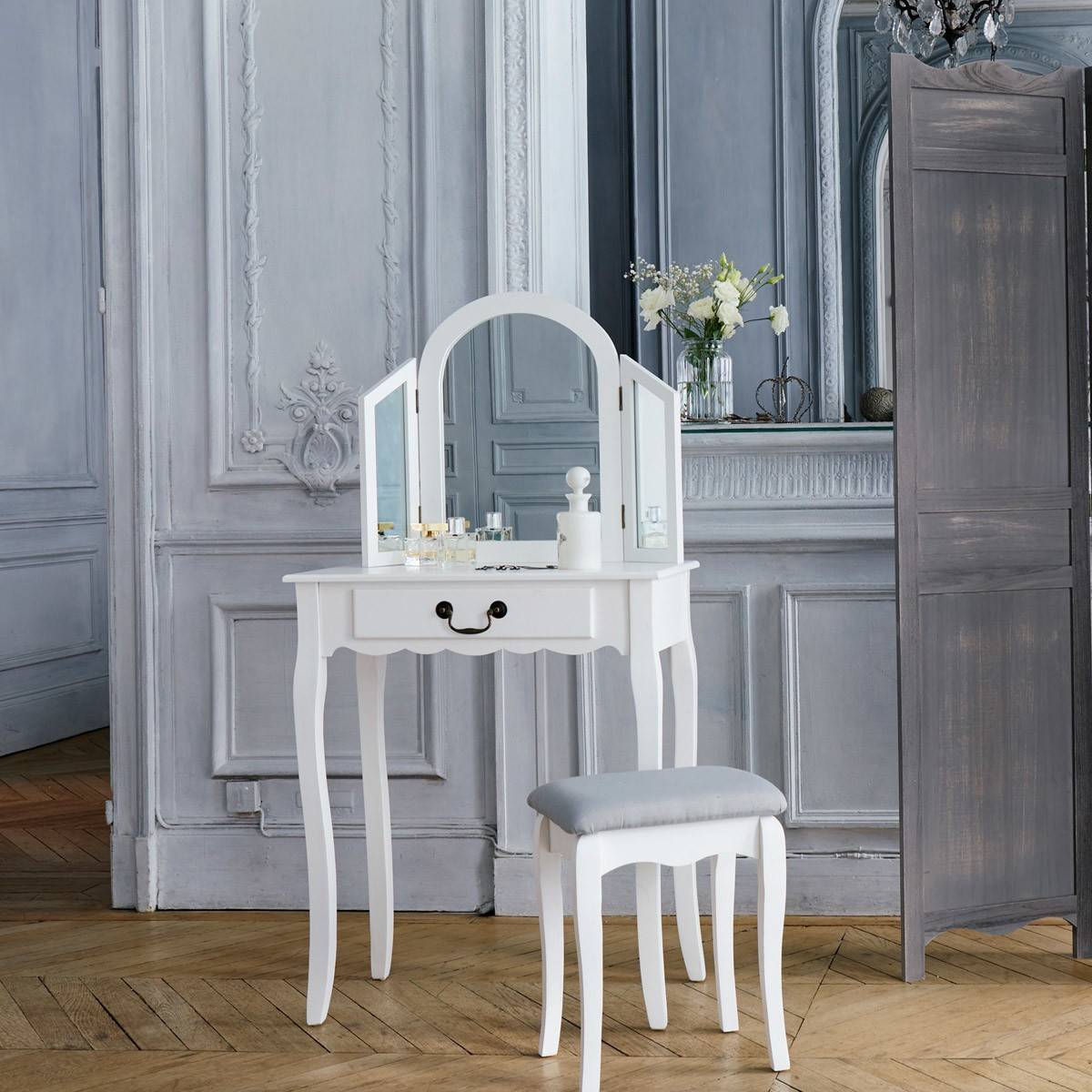Tabouret de coiffeuse Gris clair et pieds en Bois Blanc H 45 cm - Imagen 3