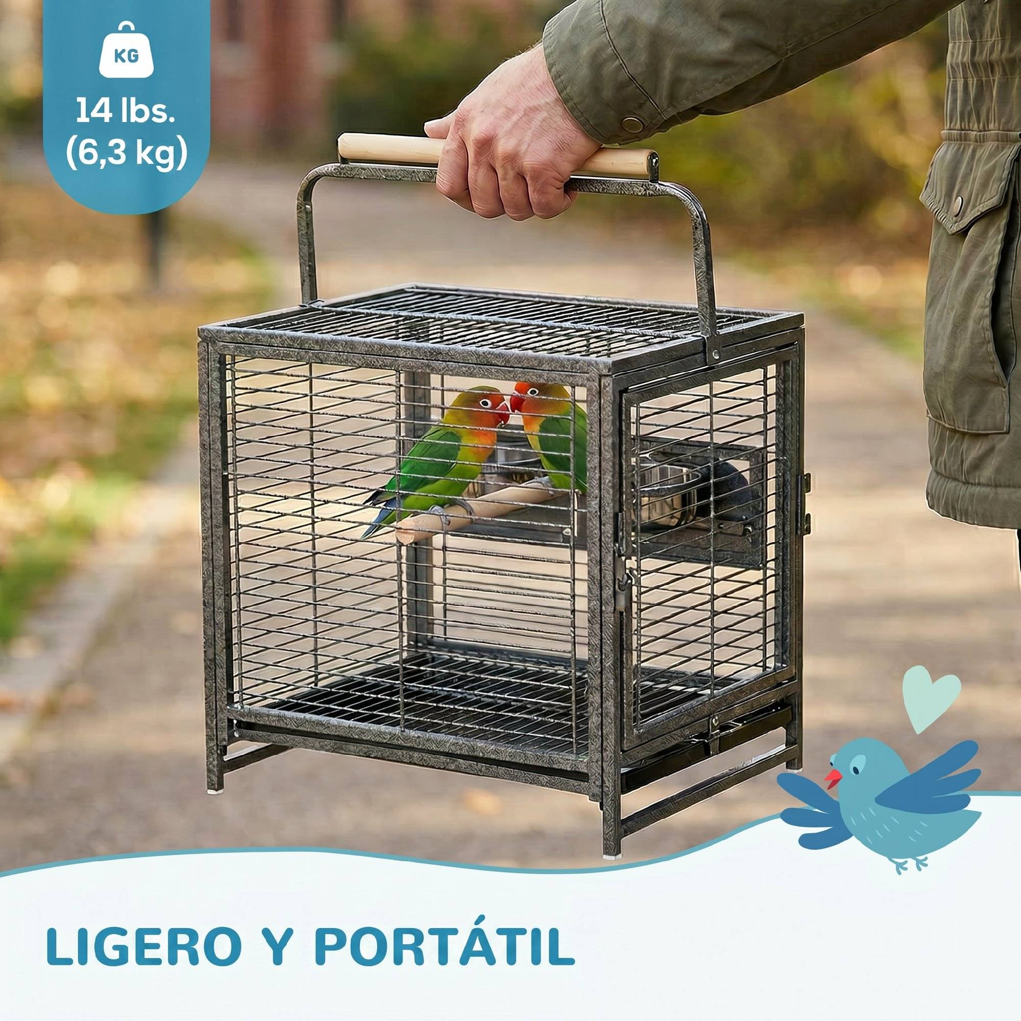 ComfortXL - Cage de Transport pour Oiseaux en Acier Portable avec Perchoirs et Mangeoires 48x38x48 cm Noir - ComfortXL Outdoor Living - Image 10