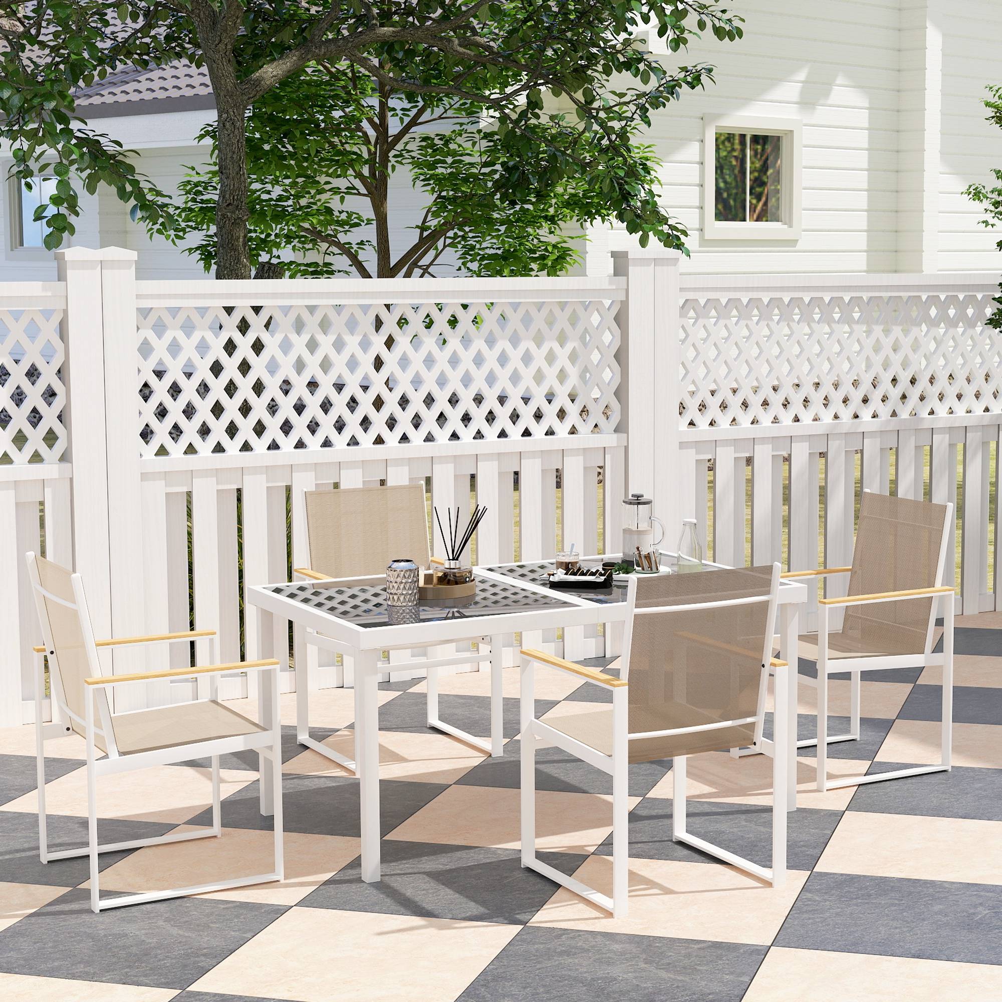 ComfortXL - Salon de jardin 5 pièces acier verre trempé multicolore table 150 x 87 cm 4 chaises repas extérieur terrasse - Image 9