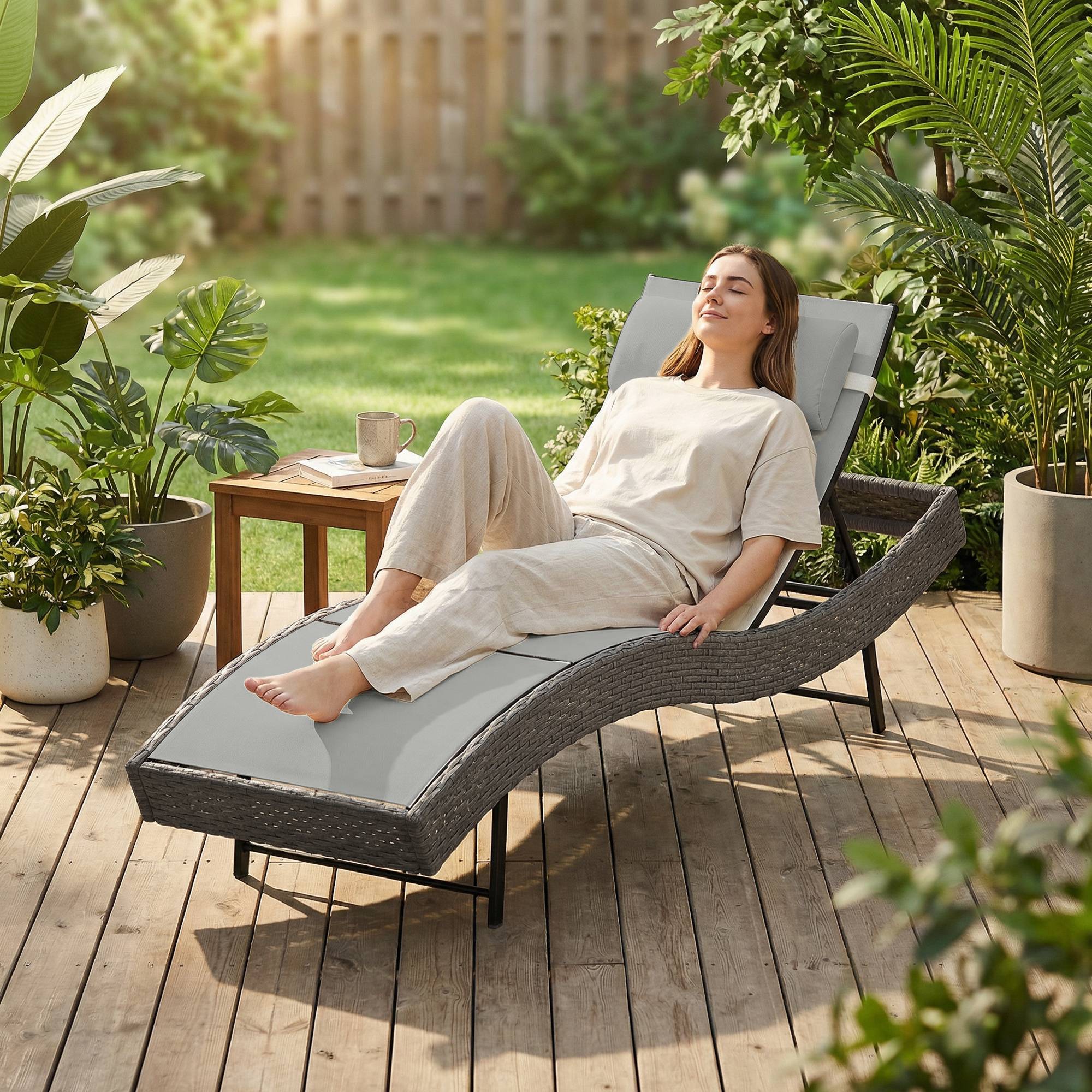 Chaise longue en résine tressé, bain de soleil avec dossier réglable - 198x61x44cm Gris Clair fr49 - Image 4
