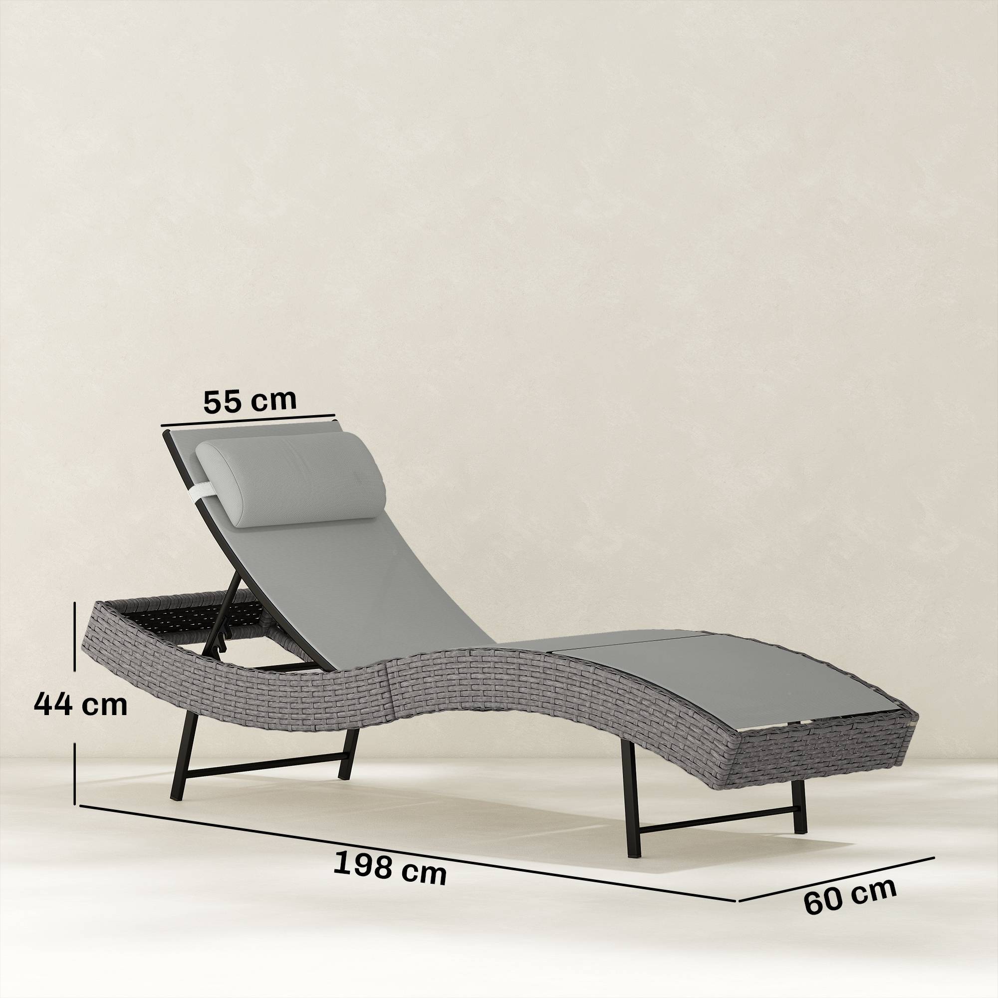 Chaise longue en résine tressé, bain de soleil avec dossier réglable - 198x61x44cm Gris Clair fr49 - Image 5