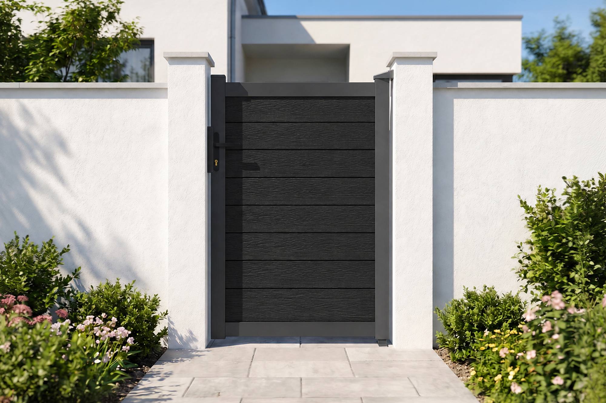 Casanoov Portail bois composite battant 3,5m ATHOS H.160cm gris anthracite avec cadre aluminium+ portillon composite ATHOS 1m H.160cm - Image 4