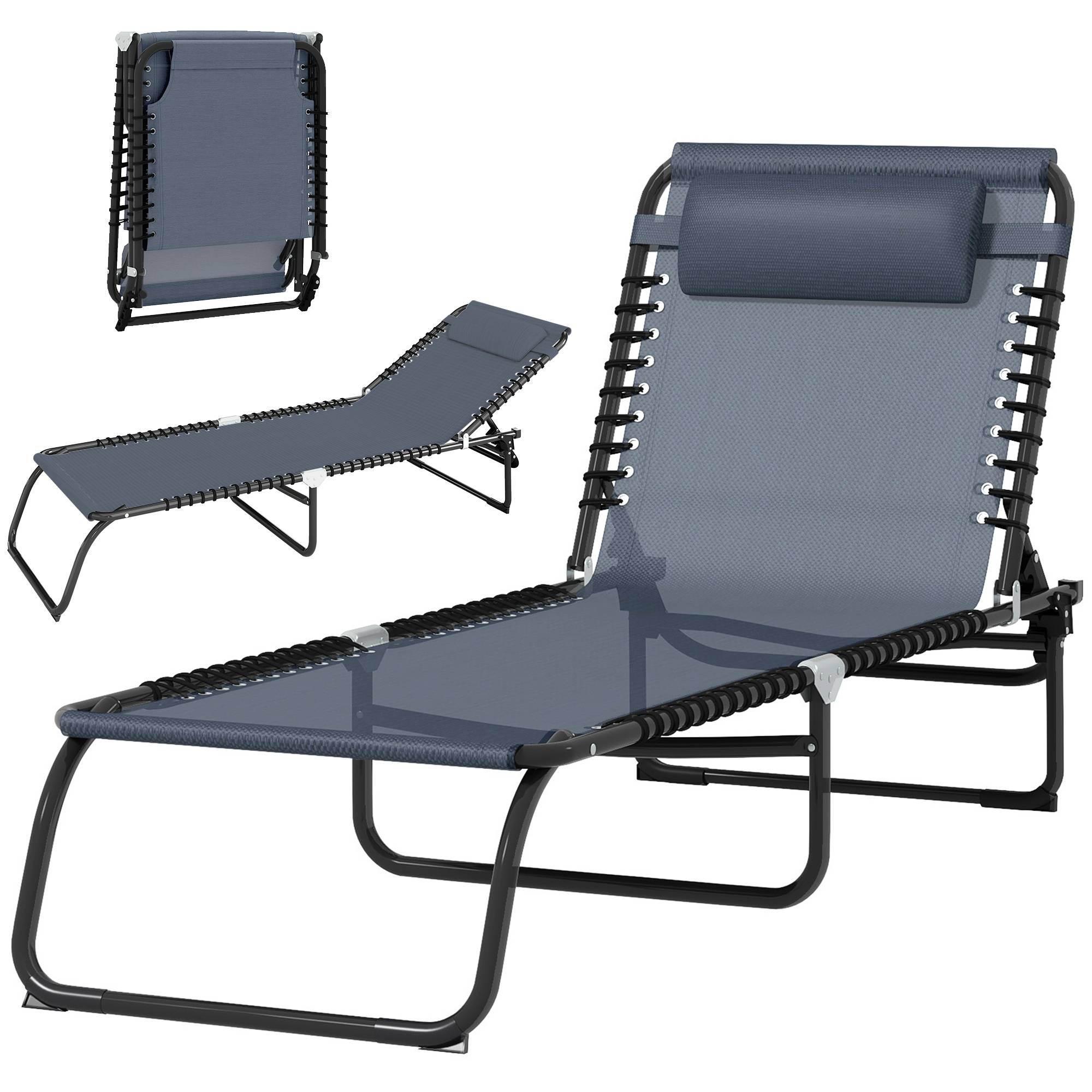 Bain de Soleil transat Pliable Dossier inclinable Multi-Positions Acier thermoplastique Lacets élastiques Noir