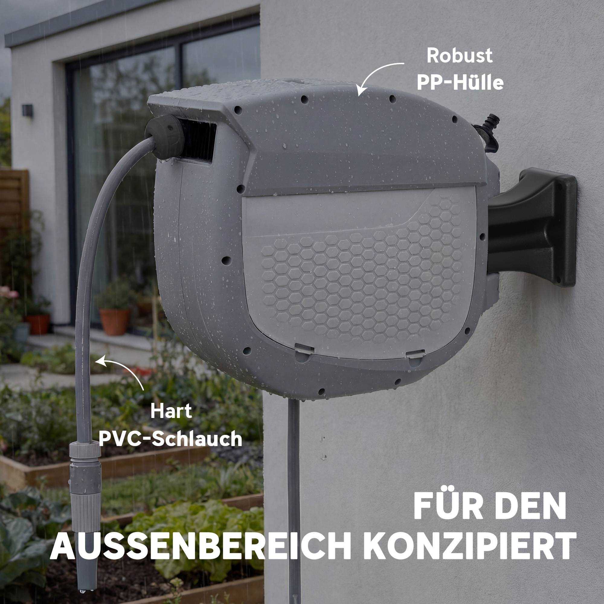 ComfortXL - Dévidoir mural avec tuyau 20 m plastique gris pivotant 180° enroulement automatique arrosage extérieur - Image 8