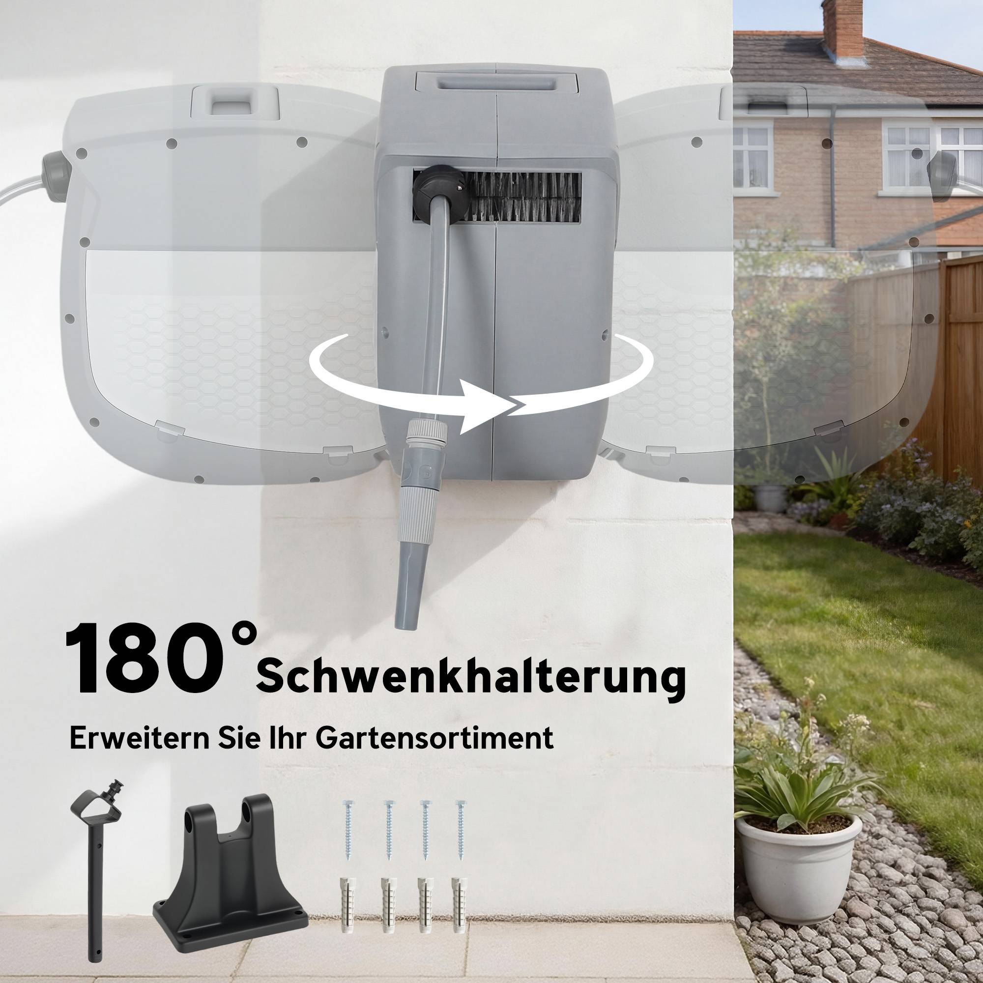 ComfortXL - Dévidoir mural avec tuyau 20 m plastique gris pivotant 180° enroulement automatique arrosage extérieur - Image 6