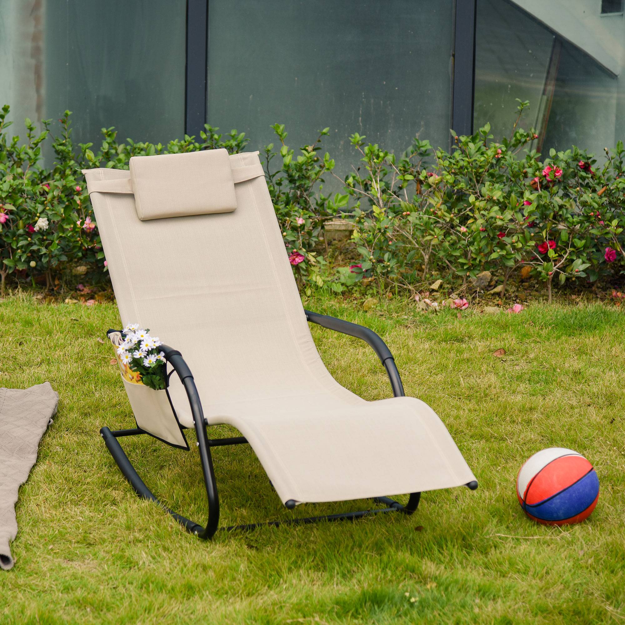Transat à Bascule Métal Jardin Extérieur Chaise Longue Ergonomique 150x62cm Beige - ComfortXL Outdoor Living - Image 1