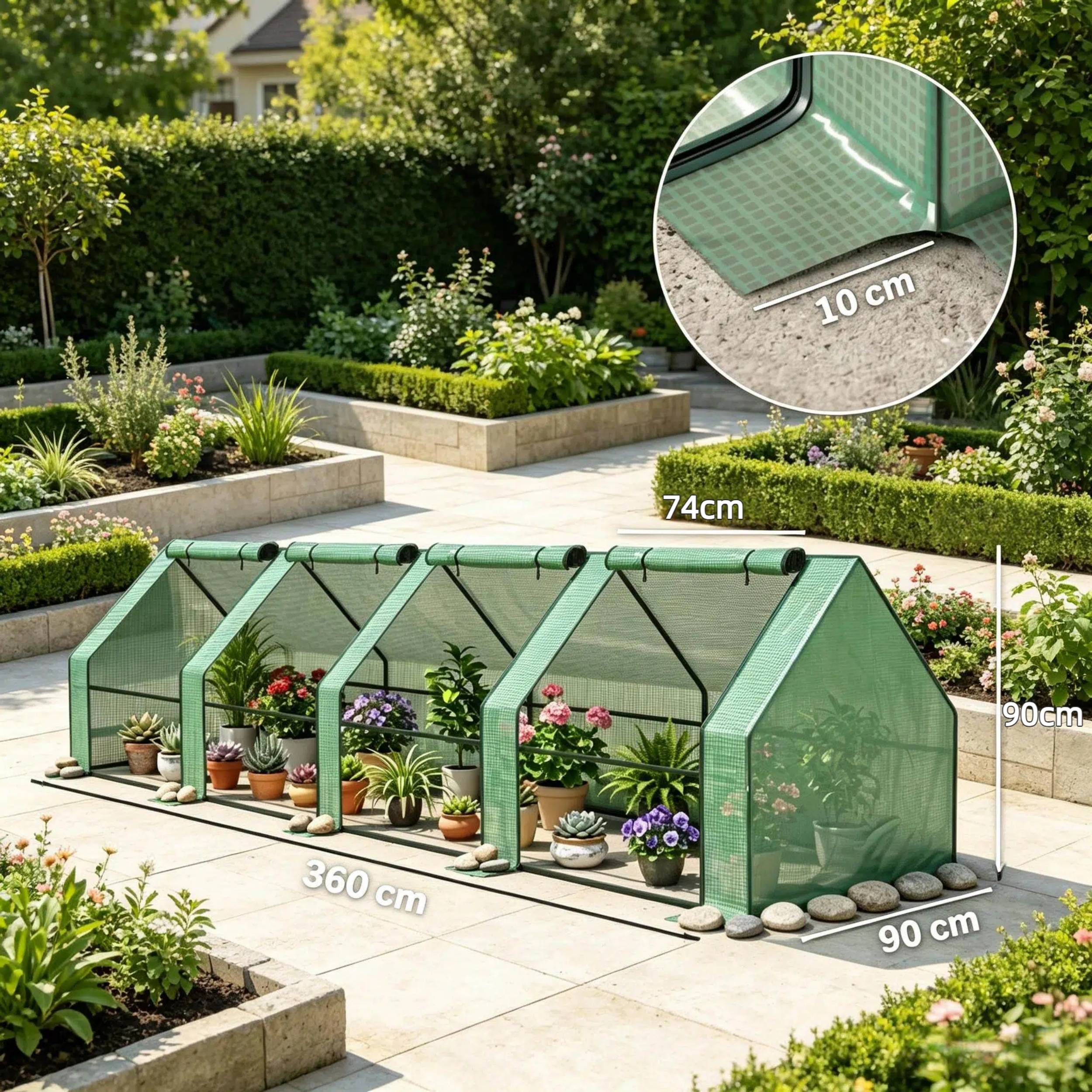 ComfortXL - Mini serre tunnel PE acier 140 g/m² 360 x 90 x 90 cm verte potager 4 fenêtres zippées protection cultures - Image 4