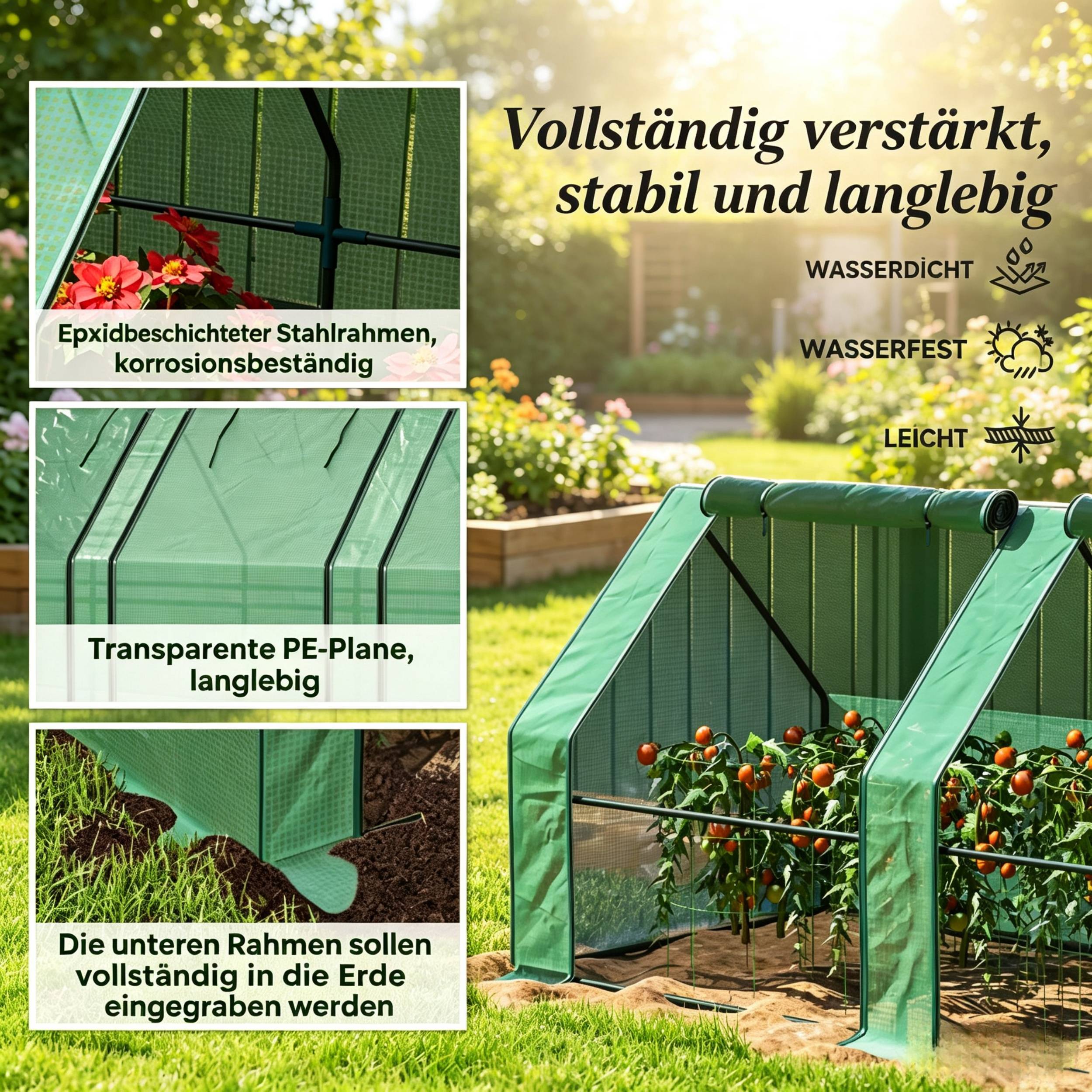 ComfortXL - Mini serre tunnel PE acier 140 g/m² 360 x 90 x 90 cm verte potager 4 fenêtres zippées protection cultures - Image 3