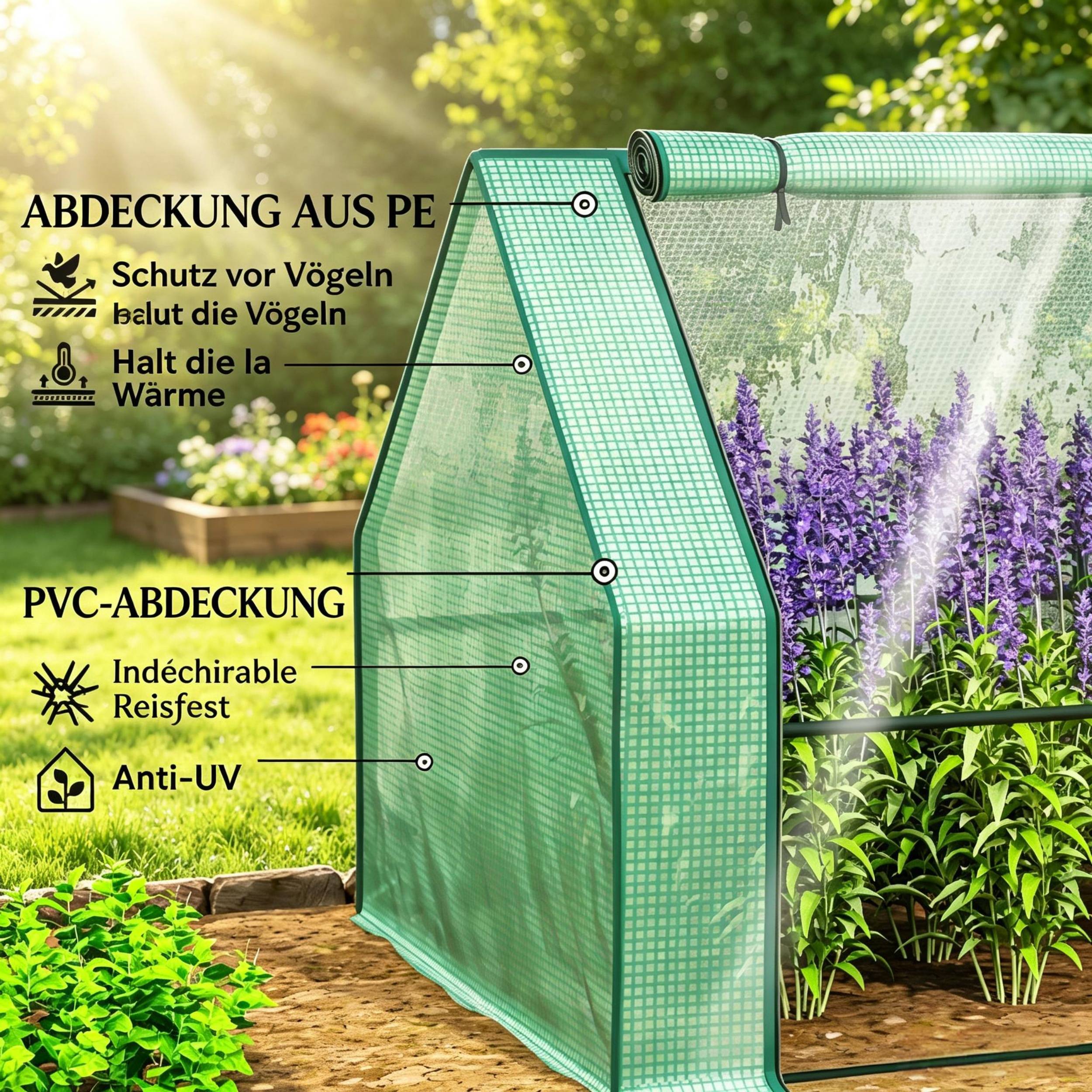 ComfortXL - Mini serre tunnel PE acier 140 g/m² 360 x 90 x 90 cm verte potager 4 fenêtres zippées protection cultures - Image 6