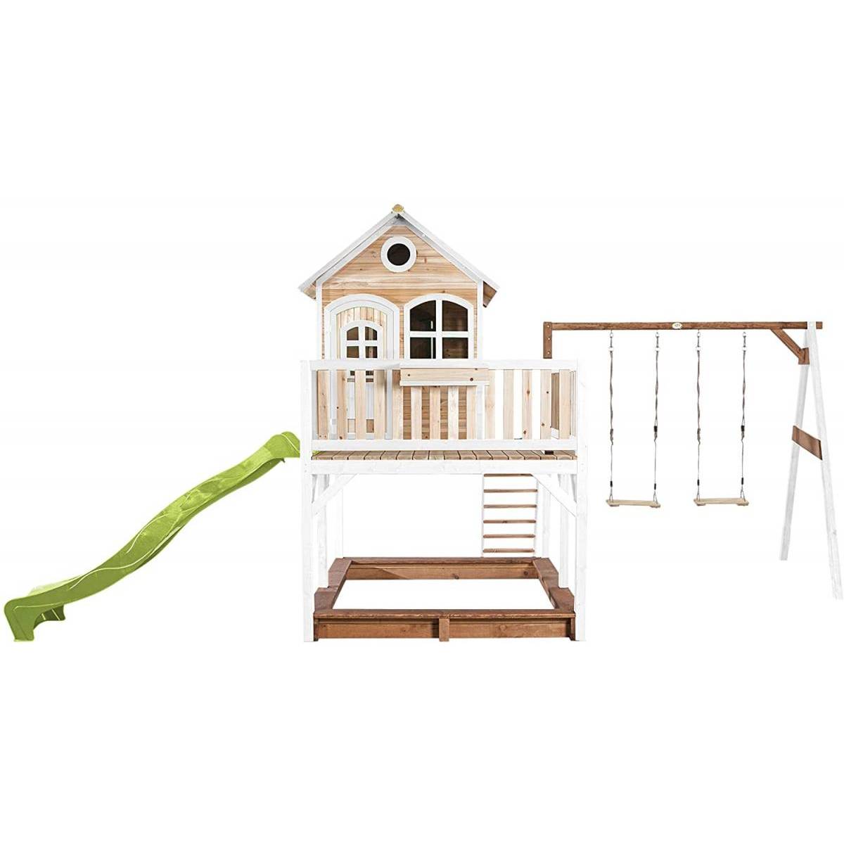 Maisonnette Axi LIAM en Bois Brun et Blanc avec Balançoires, Toboggan Vert Citron et Bac à Sable - Image 3