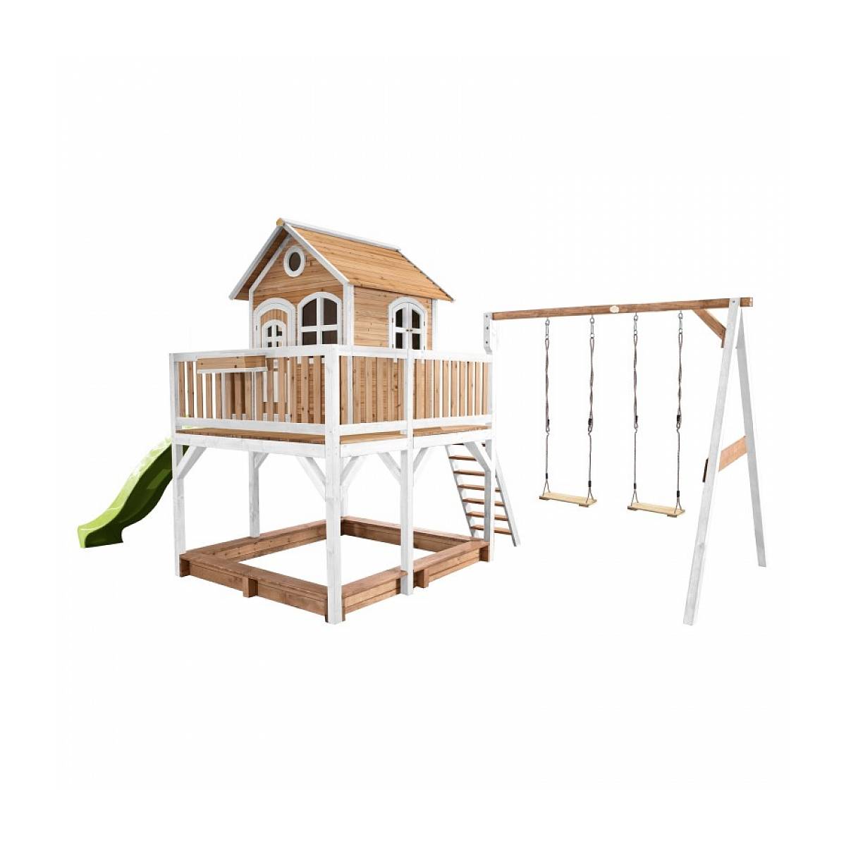 Maisonnette Axi LIAM en Bois Brun et Blanc avec Balançoires, Toboggan Vert Citron et Bac à Sable - Image 1