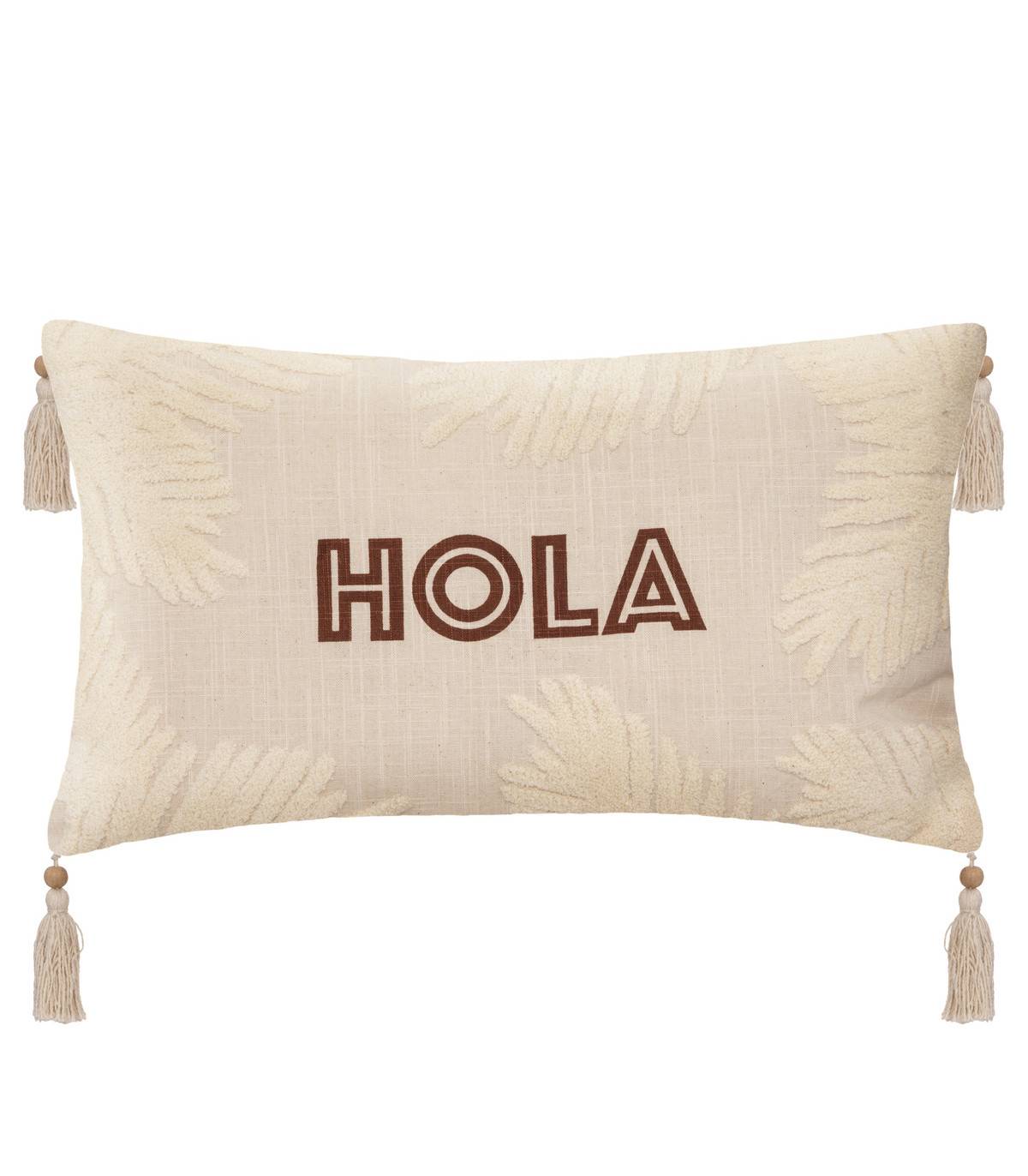 Coussin décoratif en coton Ivoire motifs brodés avec pompons 38 x 58 cm - Imagen 1
