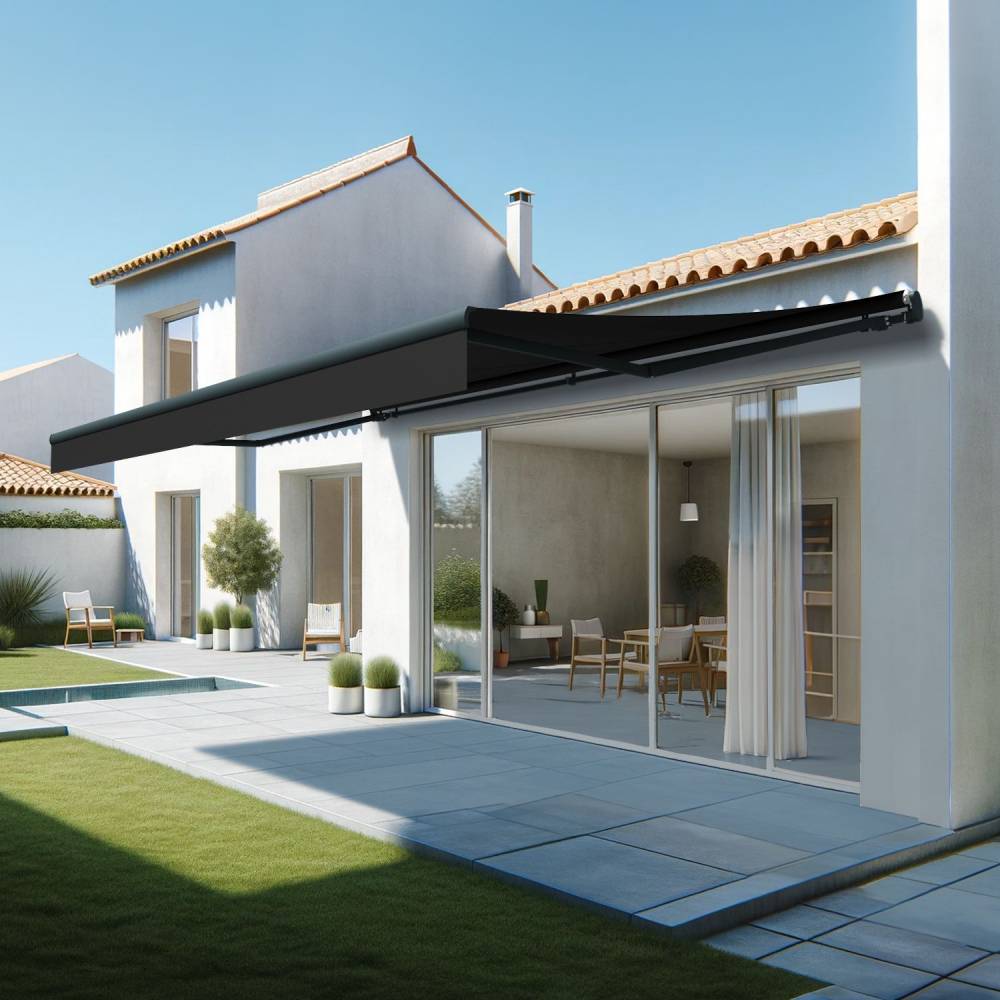 Store banne monobloc ESPAI 6,00x3,00m (Motorisé à télécommande + manœuvre de secours - Noir - Gris anthracite) - Alia Productions - Imagen 1