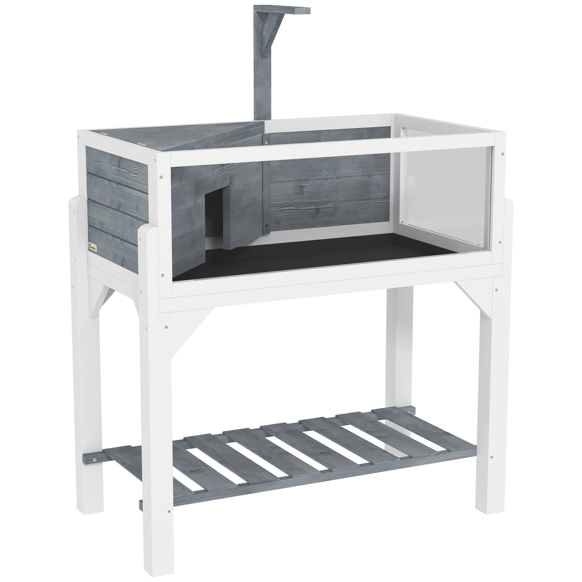 Maison tortue bois extérieur 116×70,5×69,5cm gris, enclos avec étagère, support lampe, fenêtres acrylique, toit rabattable, bac amovible - Image 8