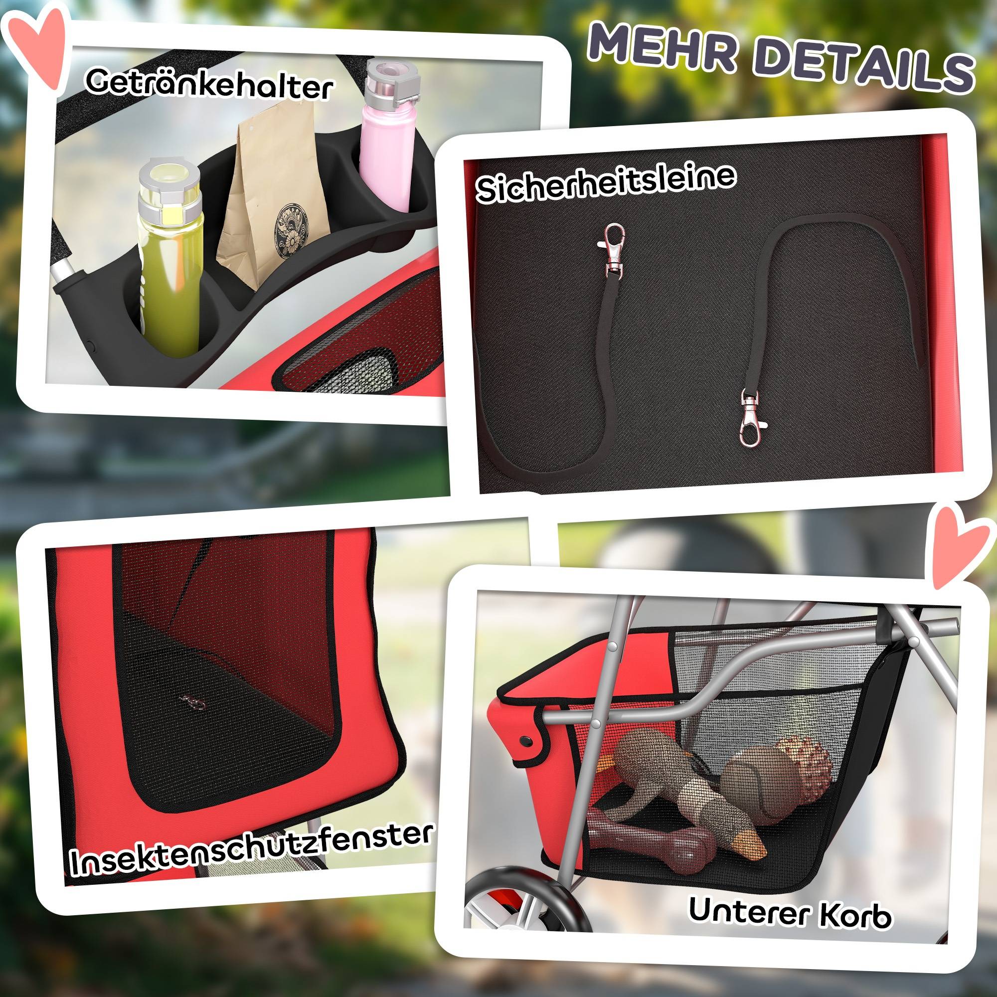 ComfortXL - Poussette pour chien acier rouge 77 x 44 x 102 cm jusqu’à 10 kg pliable panier réflecteurs roues 360° - Image 8