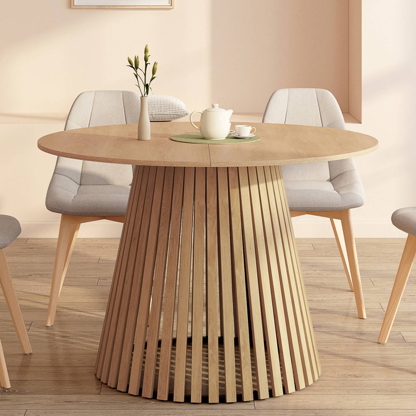 Table à manger ronde CARMEN 6 personnes pied bois en lattes et plateau bois 110 cm - Image 1