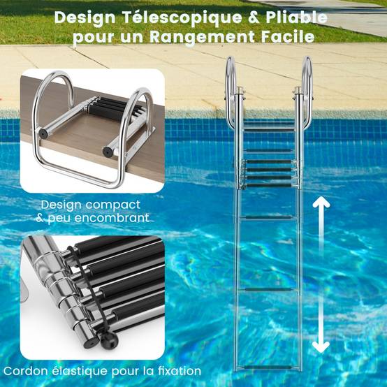 Échelle De Bain Pliable 4 Marches Acier Inoxydable - Charge 150 Kg, Antidérapante, Extensible Pour Piscine Et Bateau