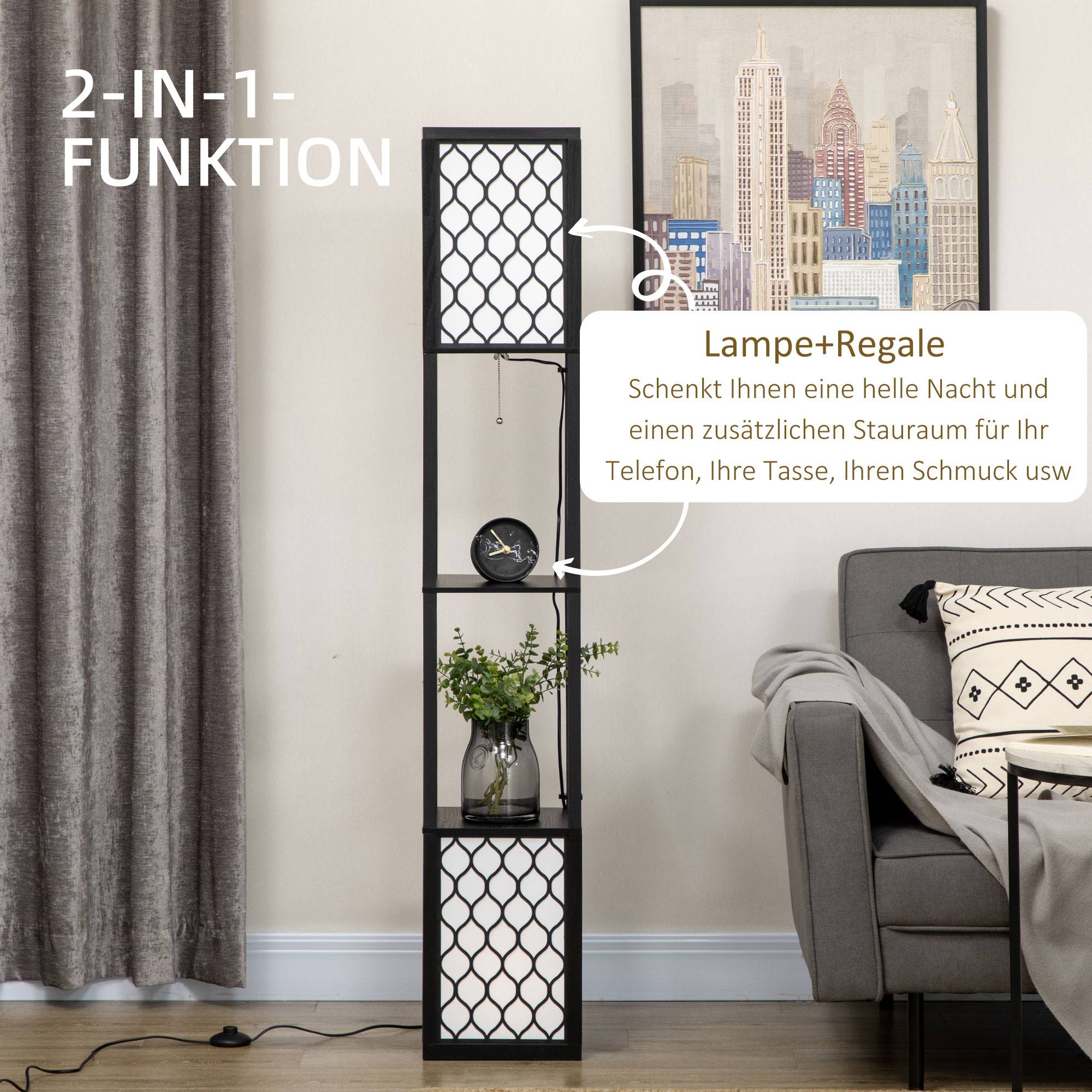 Lampadaire au design moderne, 2 étagères, interrupteur à chaînette, 26 cm x 26 cm x 156 cm, noir et blanc - Image 6