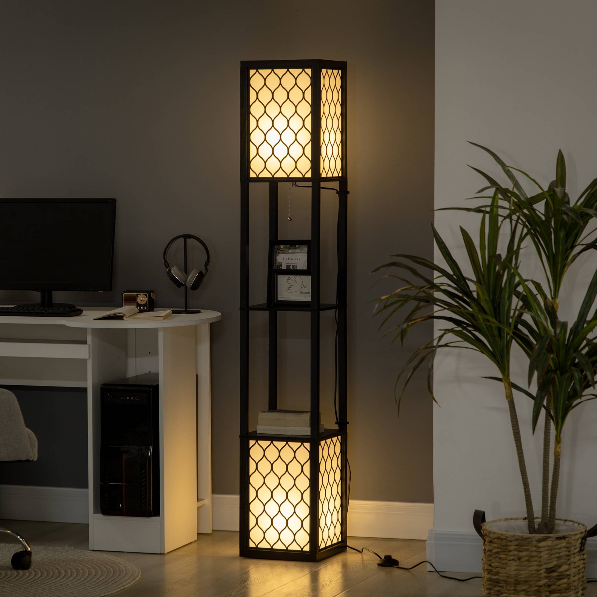 Lampadaire au design moderne, 2 étagères, interrupteur à chaînette, 26 cm x 26 cm x 156 cm, noir et blanc - Image 4