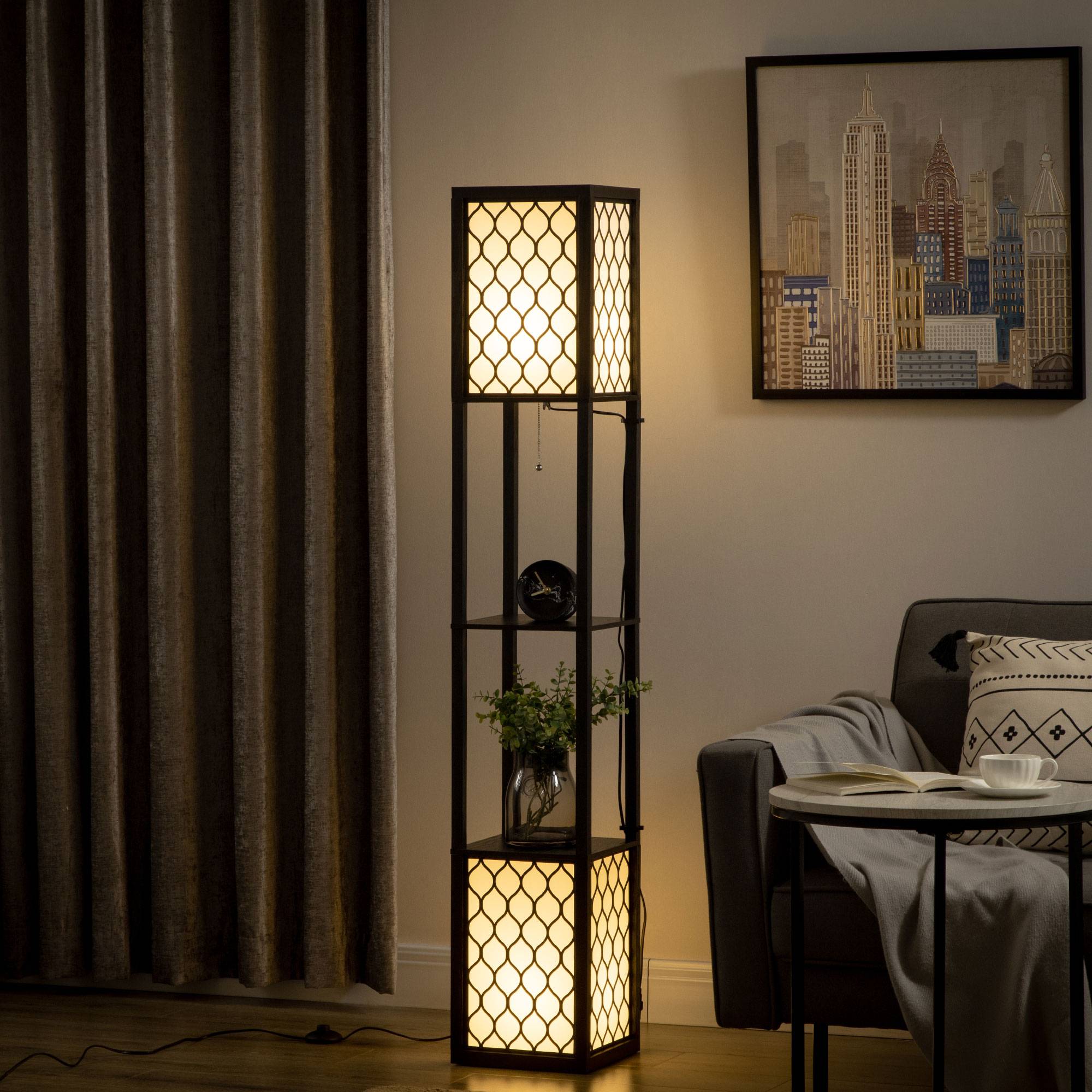 Lampadaire au design moderne, 2 étagères, interrupteur à chaînette, 26 cm x 26 cm x 156 cm, noir et blanc - Image 3