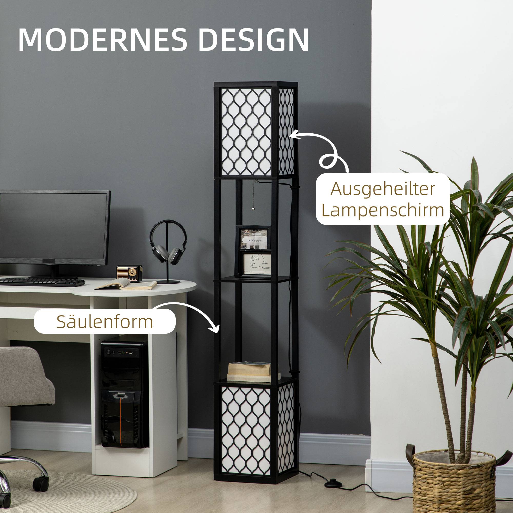 Lampadaire au design moderne, 2 étagères, interrupteur à chaînette, 26 cm x 26 cm x 156 cm, noir et blanc - Image 7