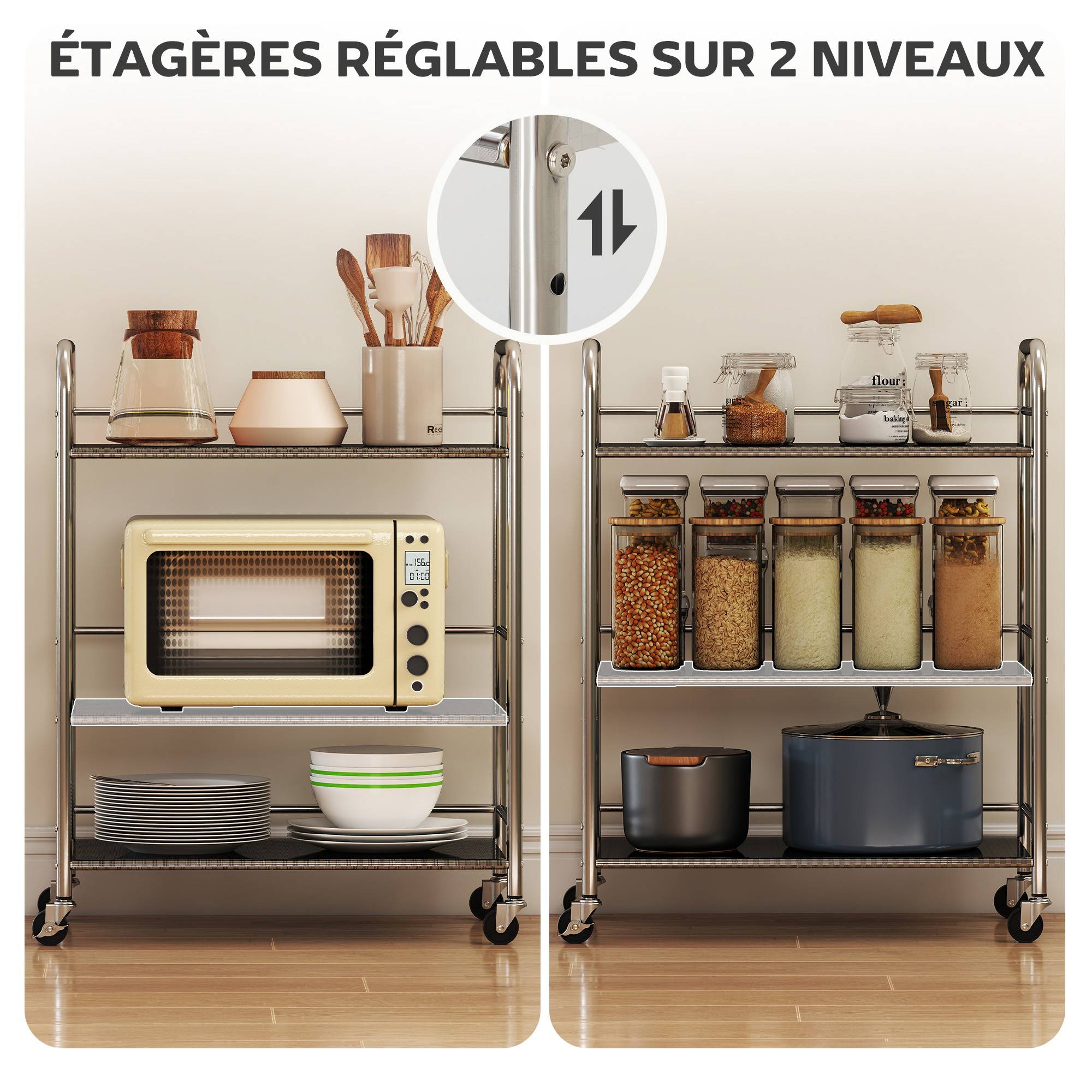 Desserte cuisine, chariot de service à 3 niveaux en acier inoxydable 201 avec poignées, roues, 60 x 35 x 77 cm, argenté - Image 7
