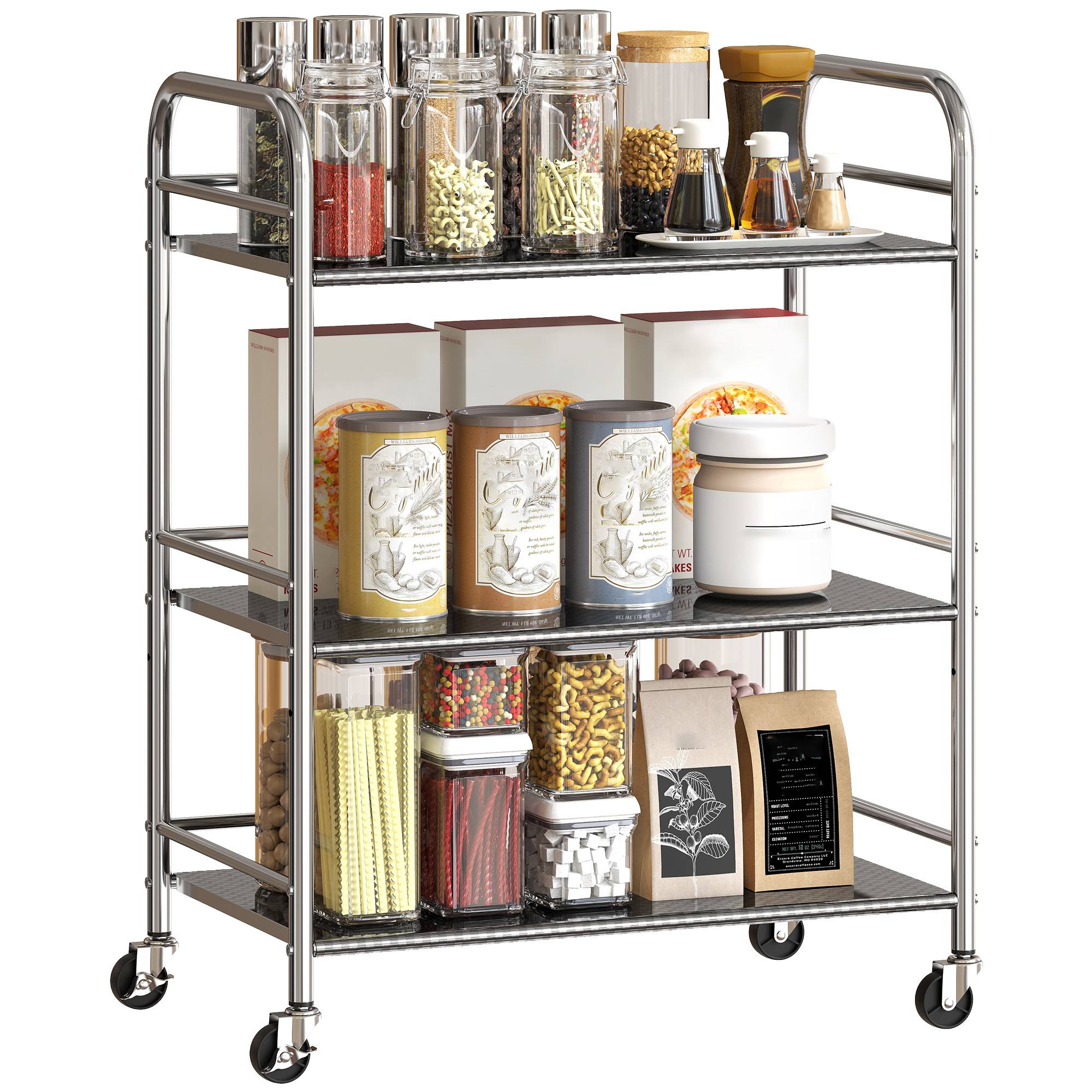Desserte cuisine, chariot de service à 3 niveaux en acier inoxydable 201 avec poignées, roues, 60 x 35 x 77 cm, argenté - Image 1