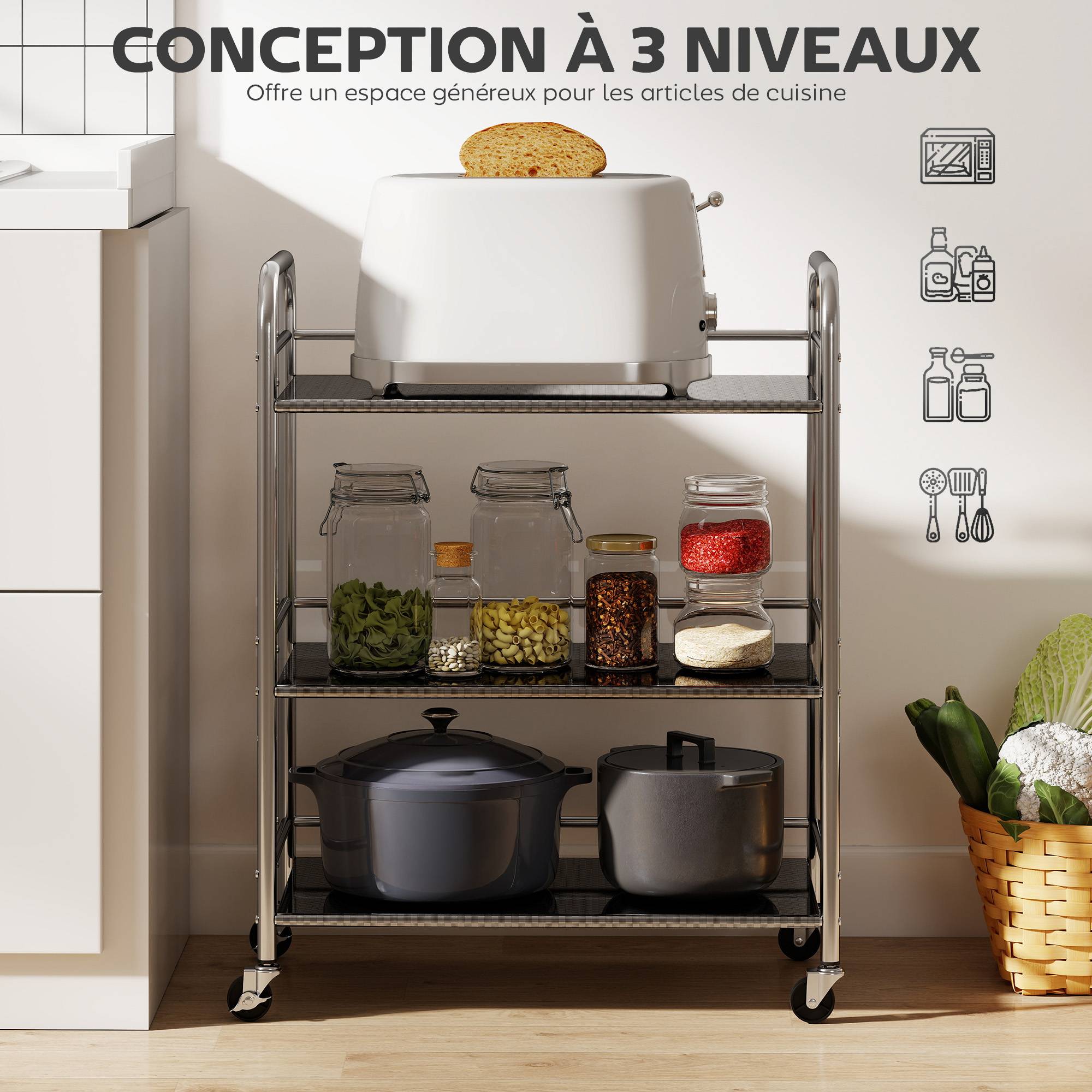 Desserte cuisine, chariot de service à 3 niveaux en acier inoxydable 201 avec poignées, roues, 60 x 35 x 77 cm, argenté - Image 6