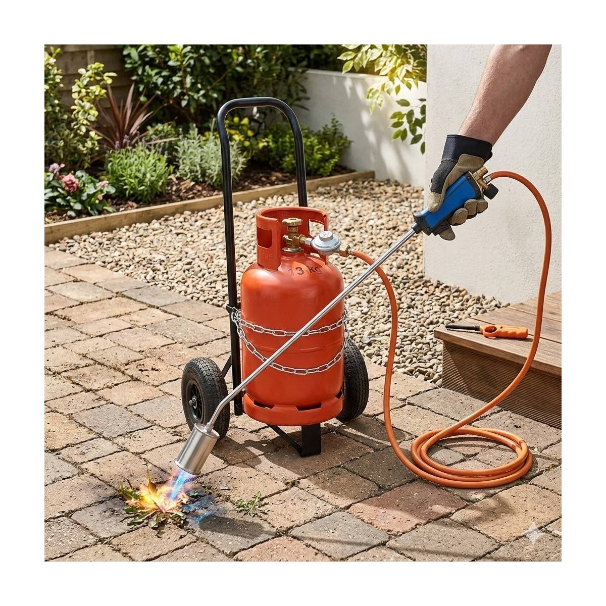 Desherbeur thermique + Chariot à roues pour bouteille gaz + Allume gaz + Détendeur Gaz Bruleur 60mm Tuyau 5m Désherbage KEMPER - Imagen 3