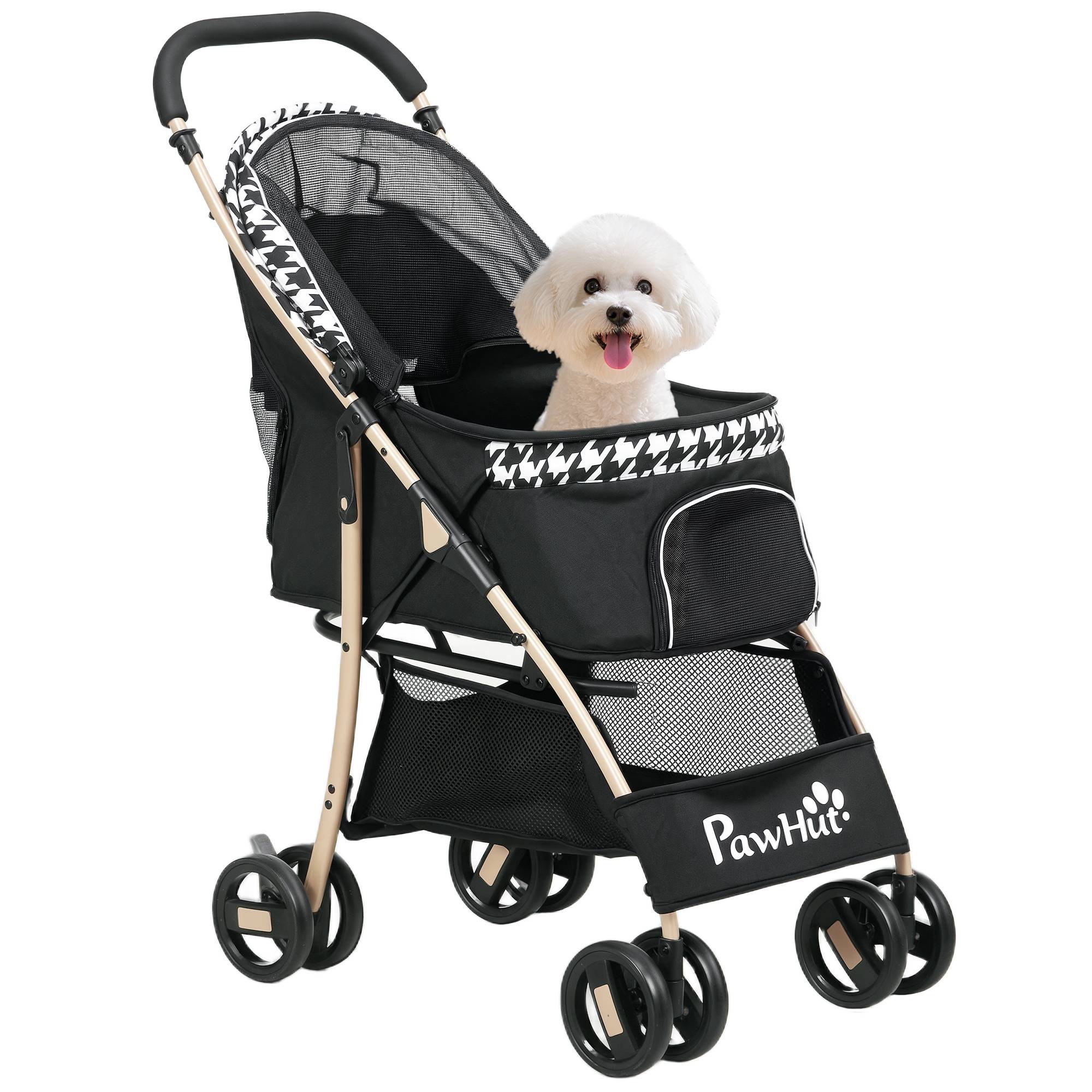 Poussette pour animaux de compagnie à 2 portes, fenêtre en filet, panier de rangement, corde de sécurité, 80 x 44,5 x 97 cm, noire - Image 1