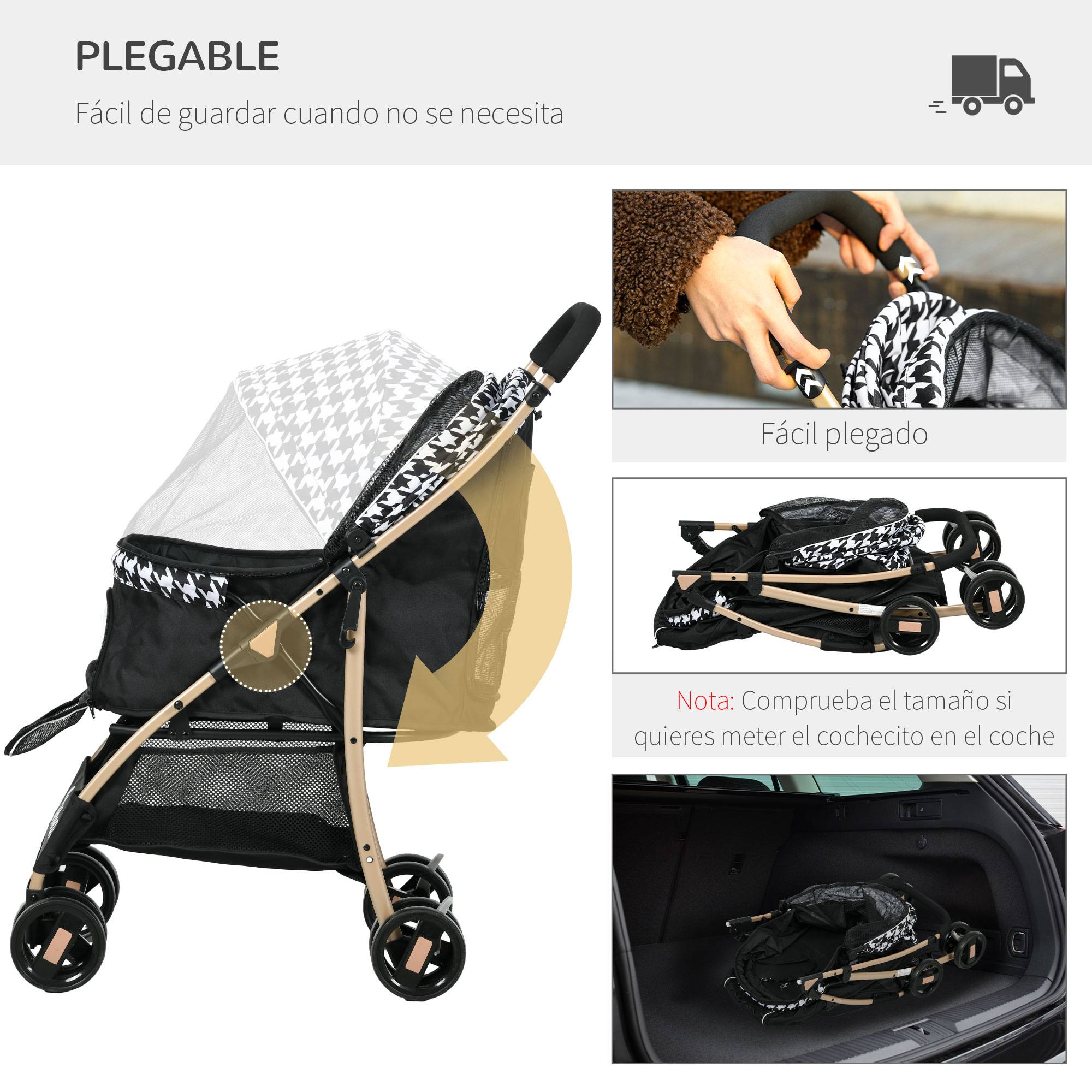 Poussette pour animaux de compagnie à 2 portes, fenêtre en filet, panier de rangement, corde de sécurité, 80 x 44,5 x 97 cm, noire - Image 7