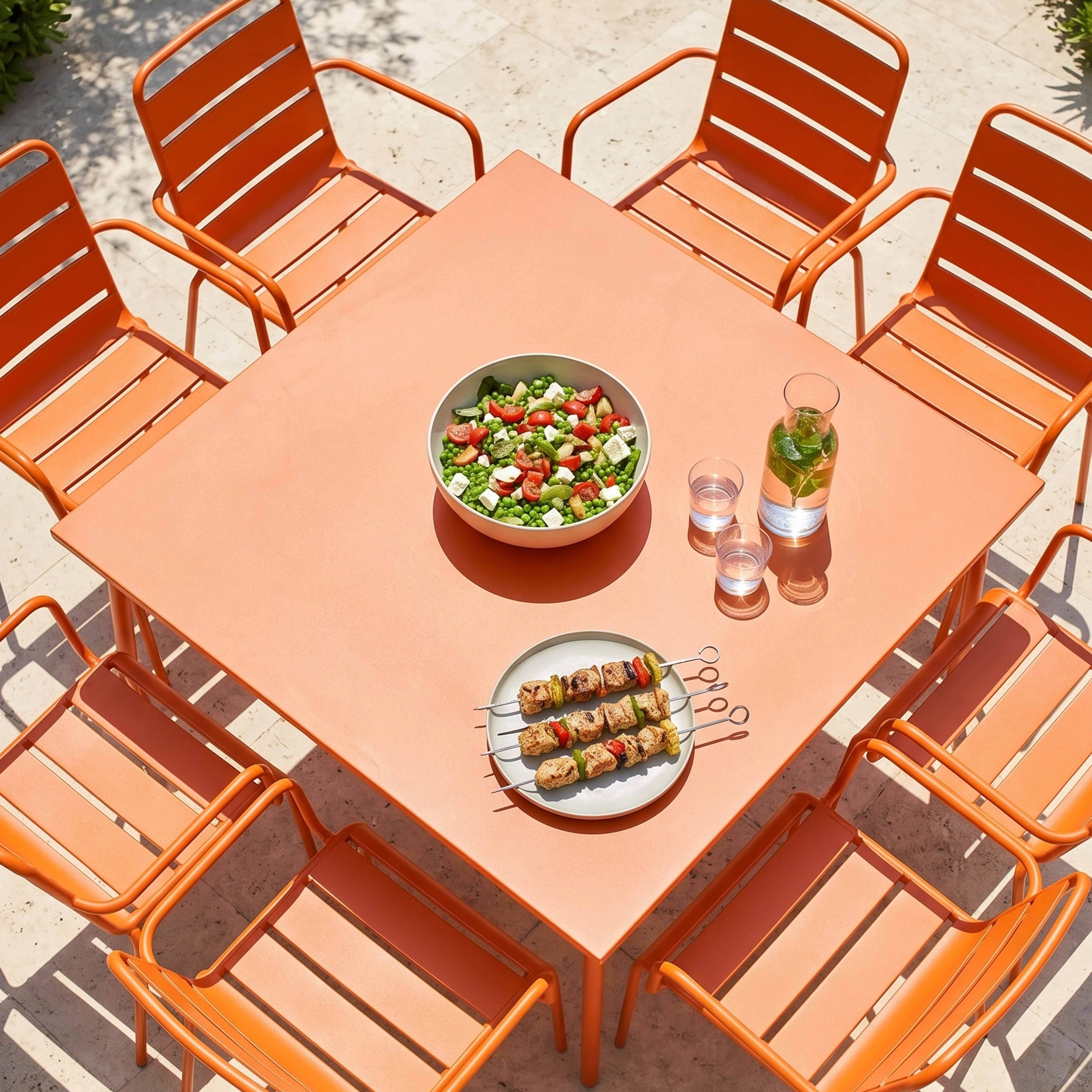Oviala - Ensemble table de jardin carrée et 8 fauteuils en métal orange Palavas - Oviala - Imagen 3