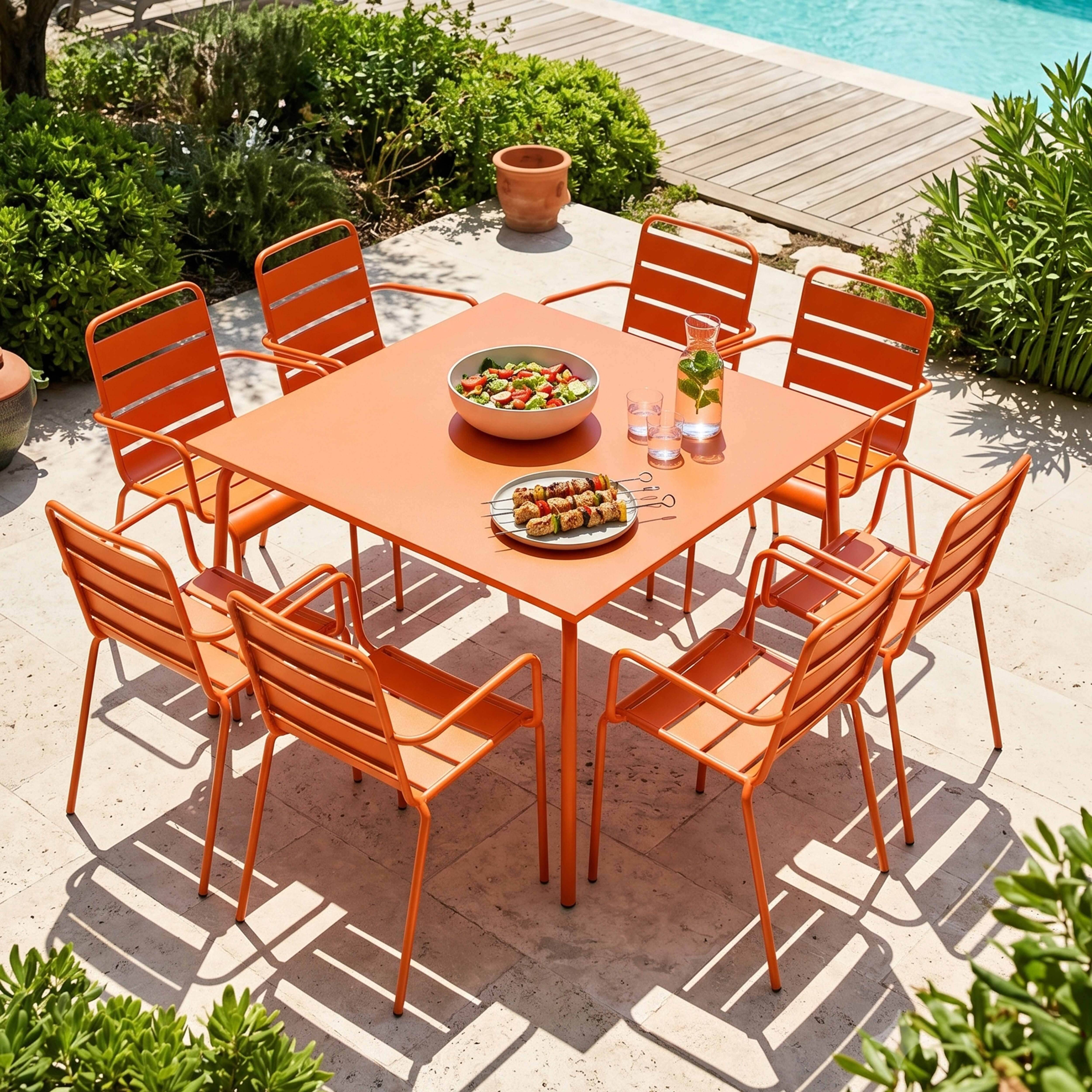 Oviala - Ensemble table de jardin carrée et 8 fauteuils en métal orange Palavas - Oviala - Imagen 2