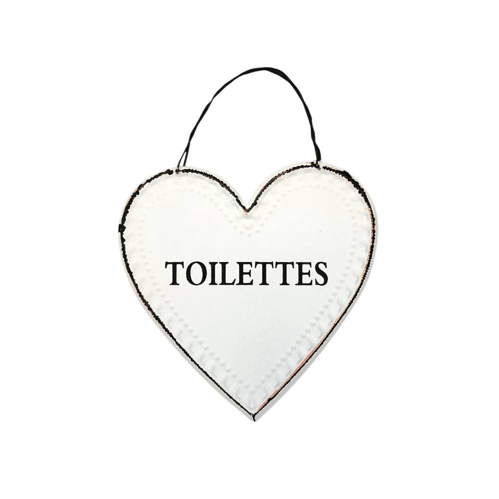 ~ Plaque de porte décorative vintage coeur de toilettes en métal blanc 13cm Chemin de campagne - Imagen 1