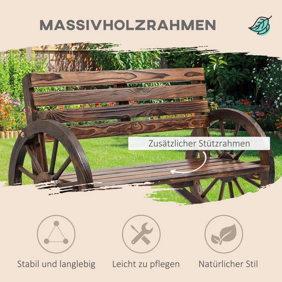 Banc de jardin, motif roue de chariot, pour 2 personnes, bois naturel, marron foncé, 105,5 x 56 x 79 cm - Image 6