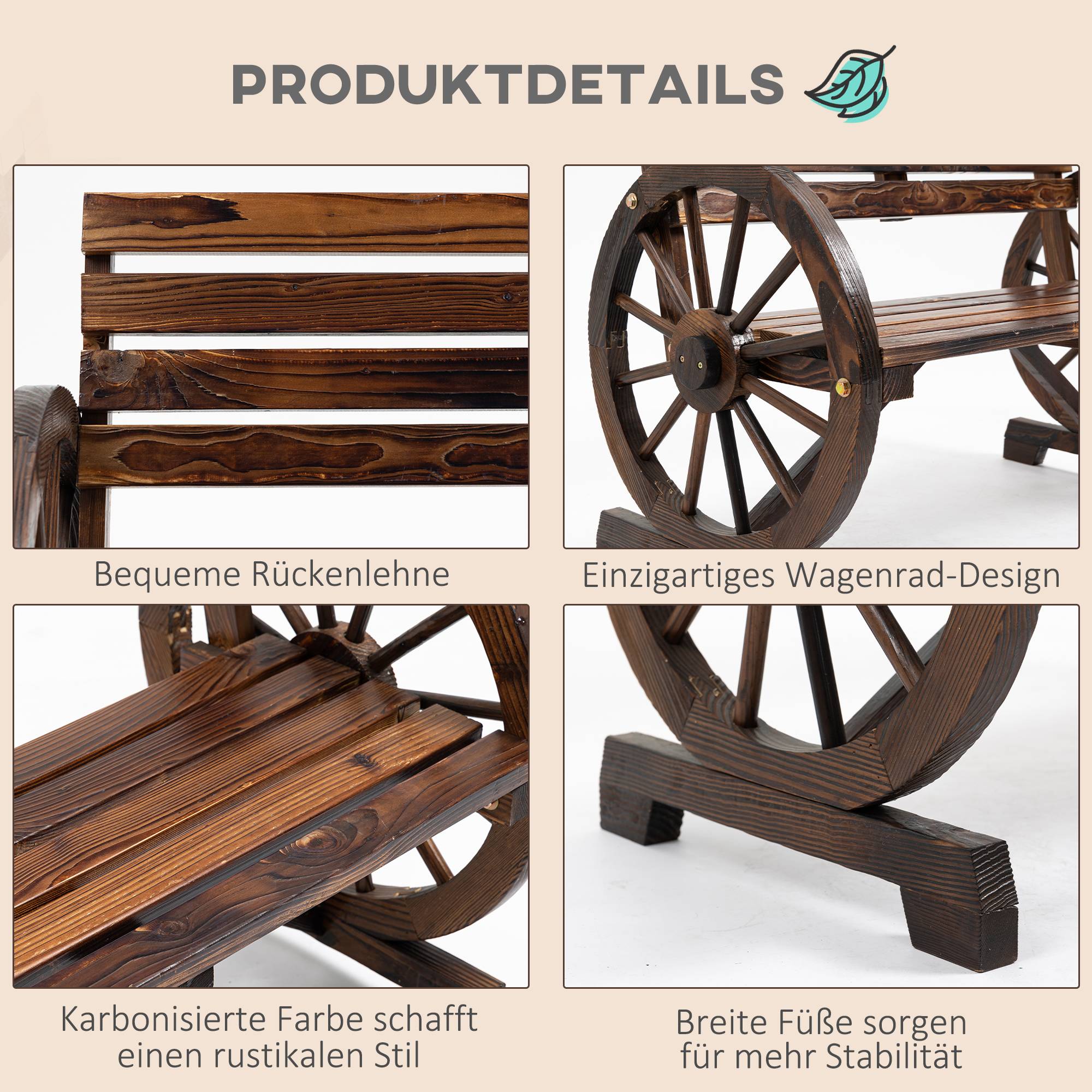 Banc de jardin, motif roue de chariot, pour 2 personnes, bois naturel, marron foncé, 105,5 x 56 x 79 cm - Image 7