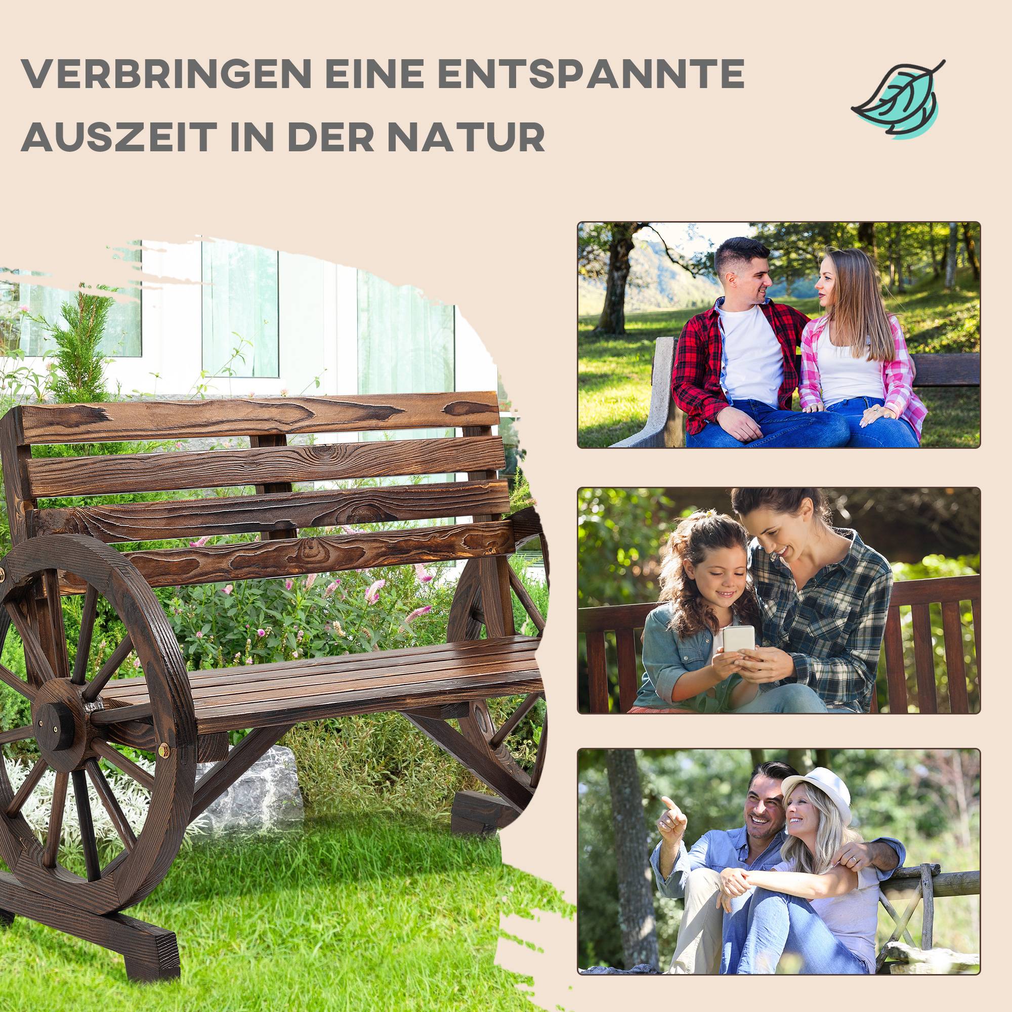 Banc de jardin, motif roue de chariot, pour 2 personnes, bois naturel, marron foncé, 105,5 x 56 x 79 cm - Image 9
