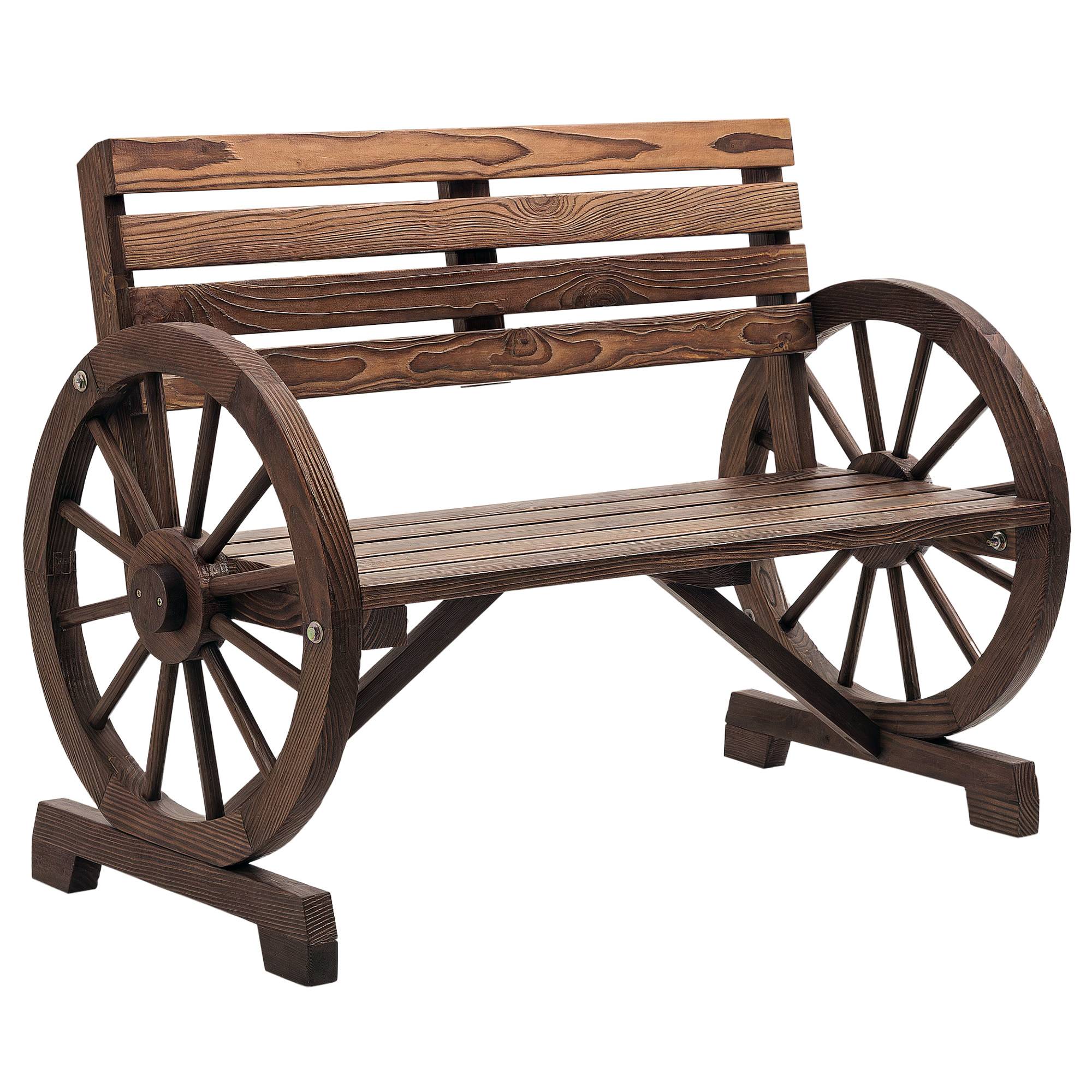 Banc de jardin, motif roue de chariot, pour 2 personnes, bois naturel, marron foncé, 105,5 x 56 x 79 cm - Image 1