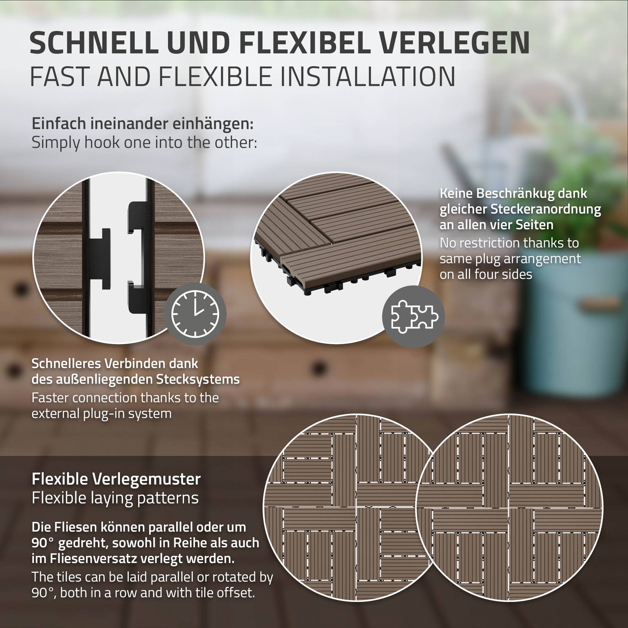Ecd-Germany - Carreaux WPC de sol 30x30cm 4 m² pour mosaïque marron foncé - Imagen 5